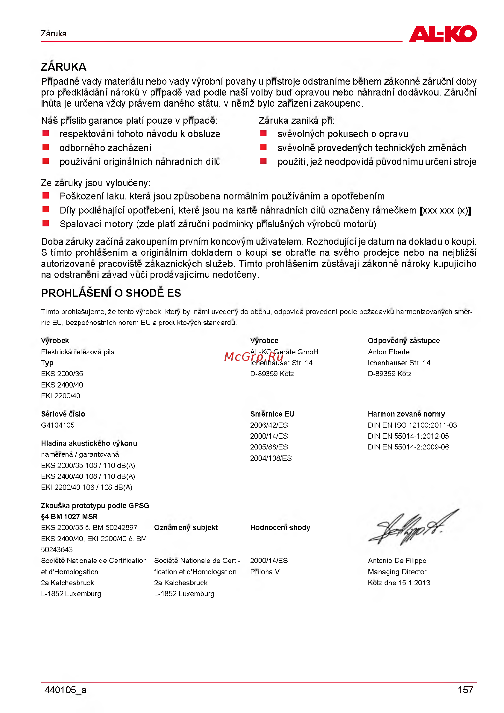 Al-Ko EKS 2000/35 [157/312] Prohlašeni o shode es