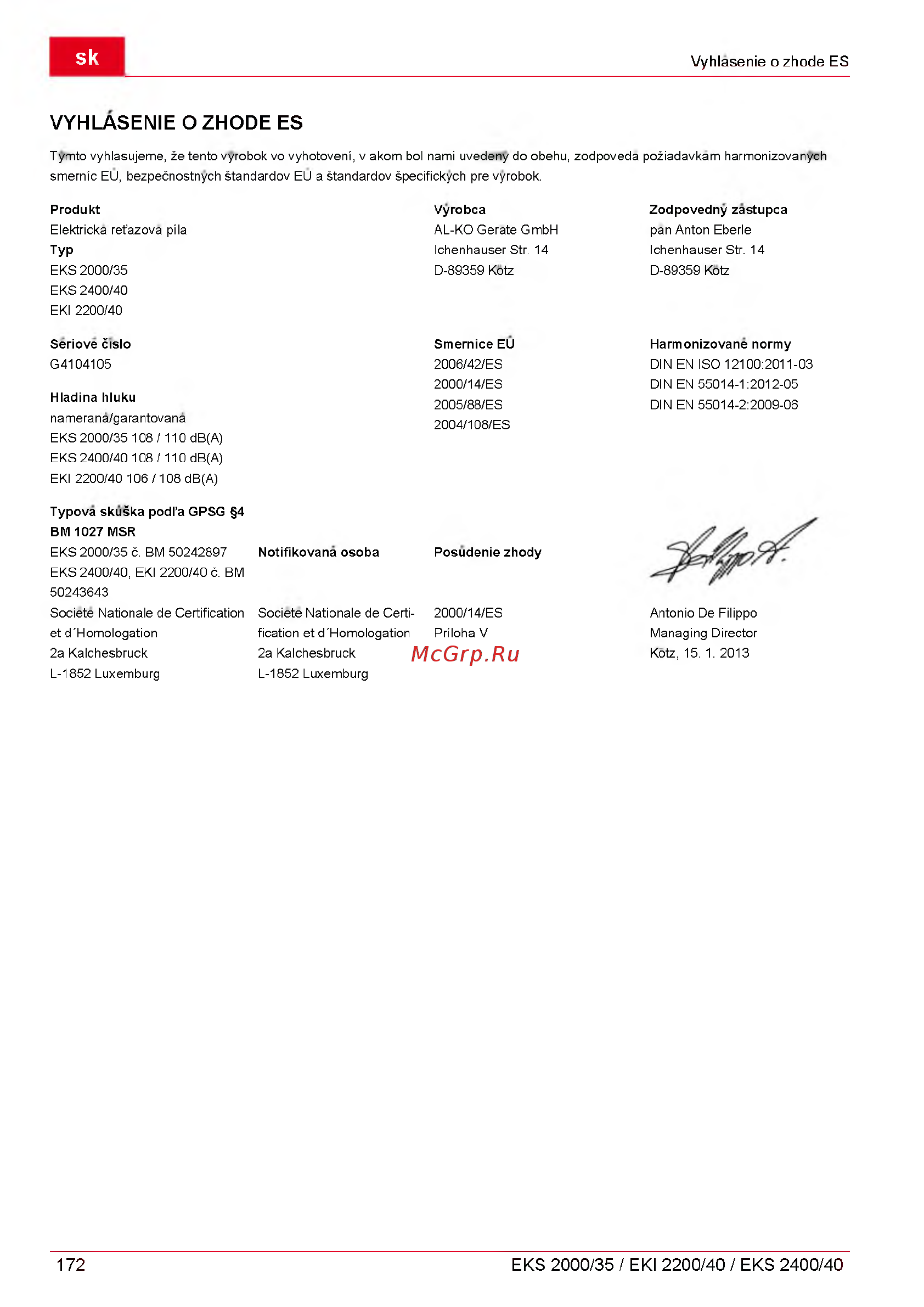 Al-Ko EKS 240040 [172/312] Vyhlasenie o zhode es
