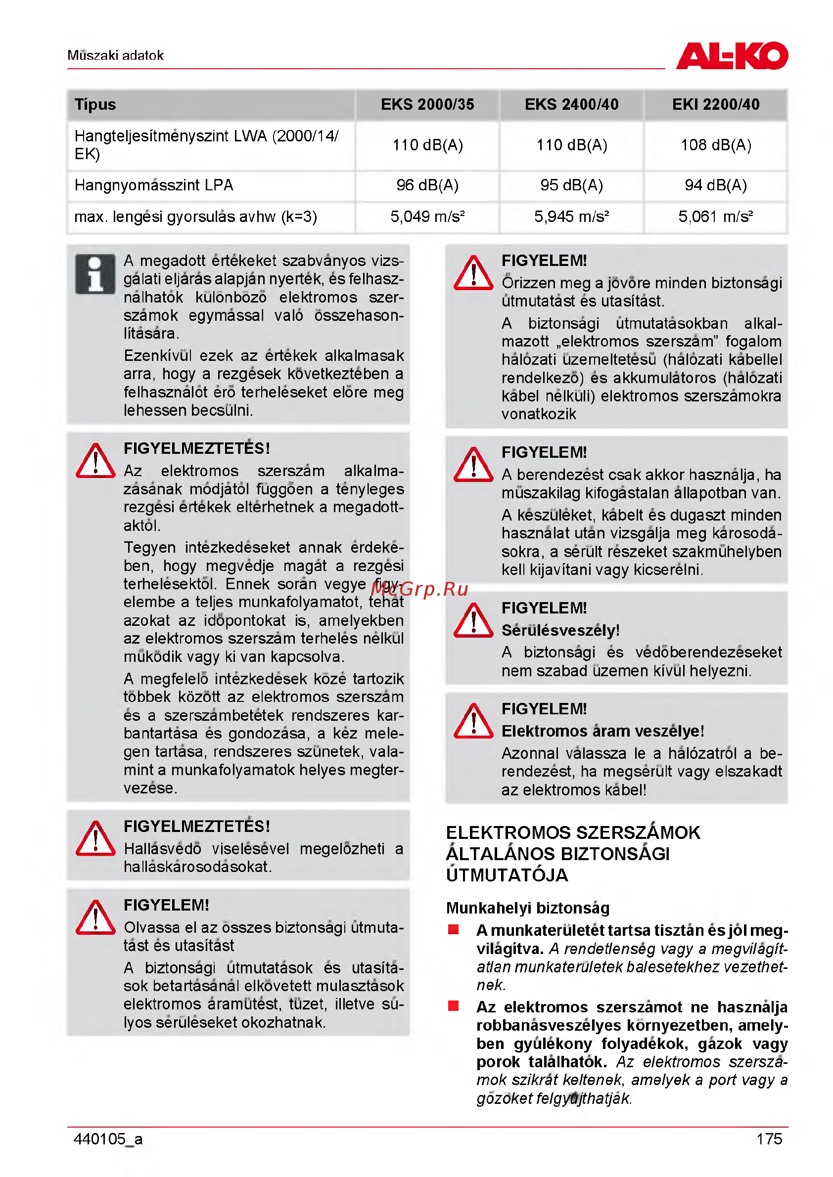 Al-Ko EKS 2000/35 [175/312] Elektromos szerszamok altalanos biztonsagi utmutatćja