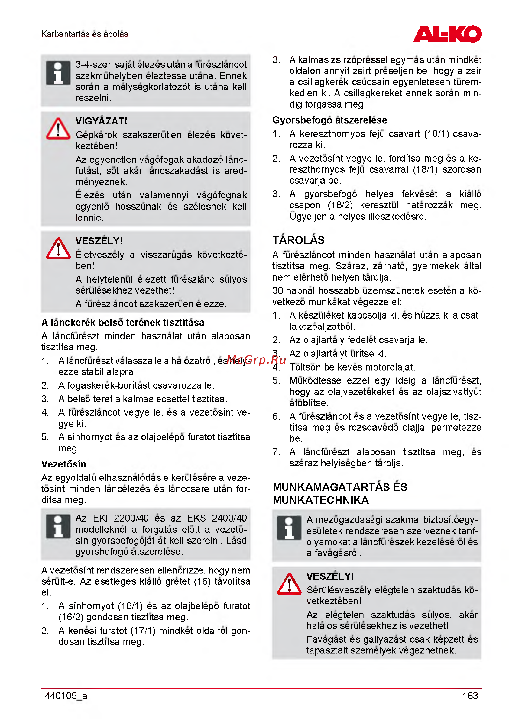 Al-Ko EKS 2000/35 [183/312] Munkamagatartas es munkatechnika