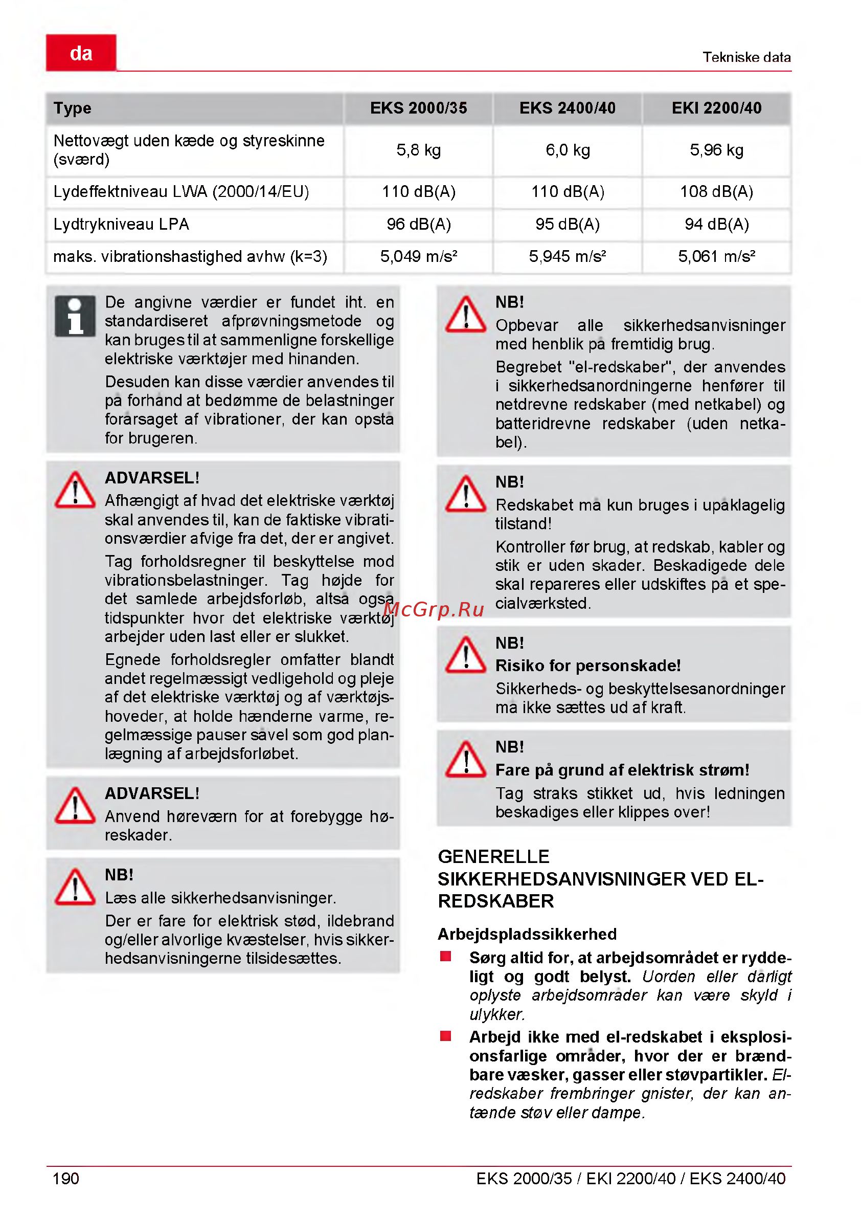 Al-Ko EKS 2000/35 [190/312] Generelle sikkerhedsanvisninger ved el redskaber