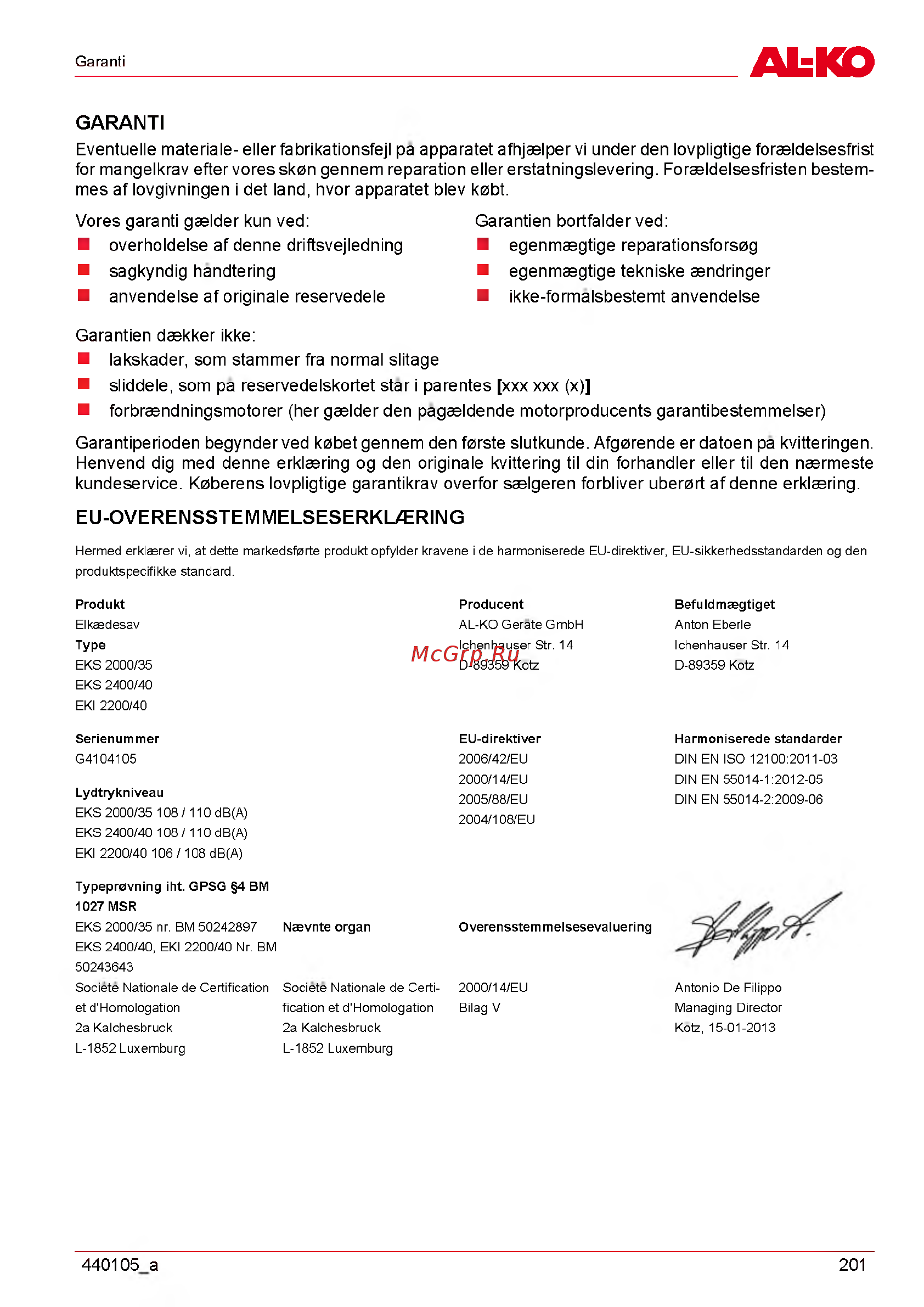 Al-Ko EKI 220040 [201/312] Eu overensstemmelseserkl ring