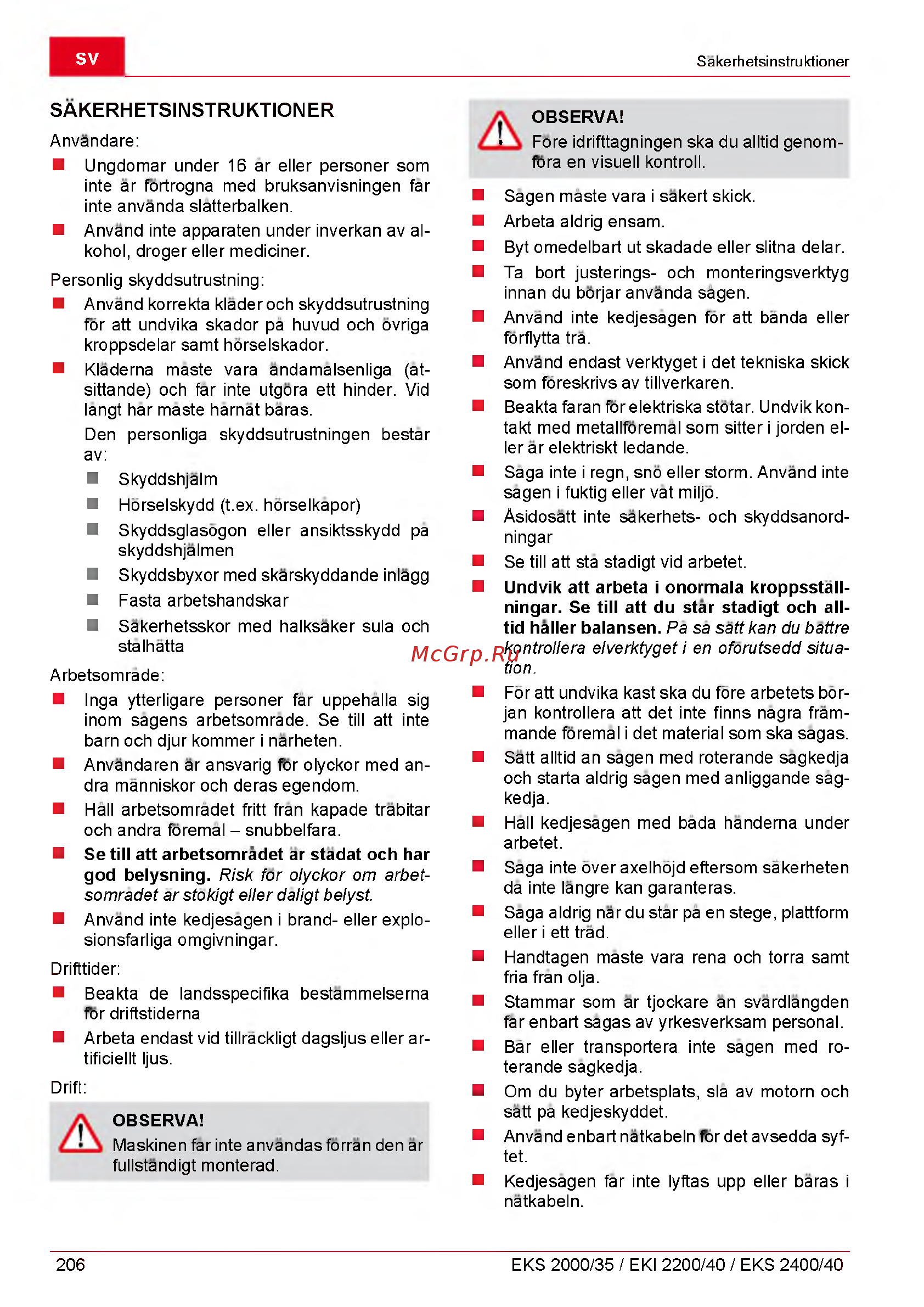 Al-Ko EKS 2400/40 [206/312] Sakerhetsinstruktioner
