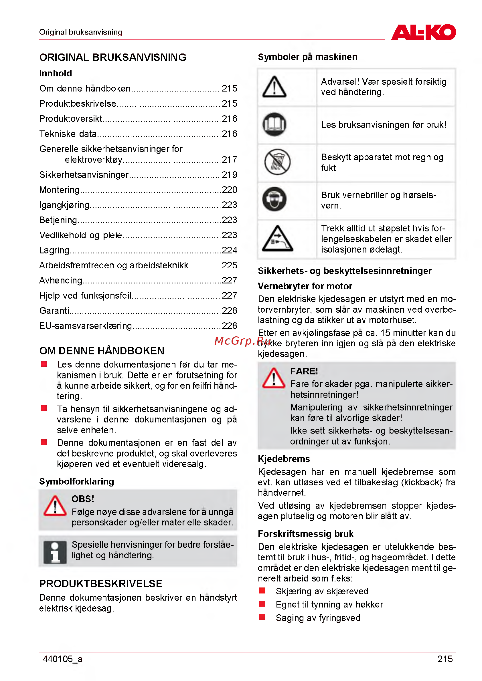 Al-Ko EKI 2200/40 112809 [215/312] Om denne handboken