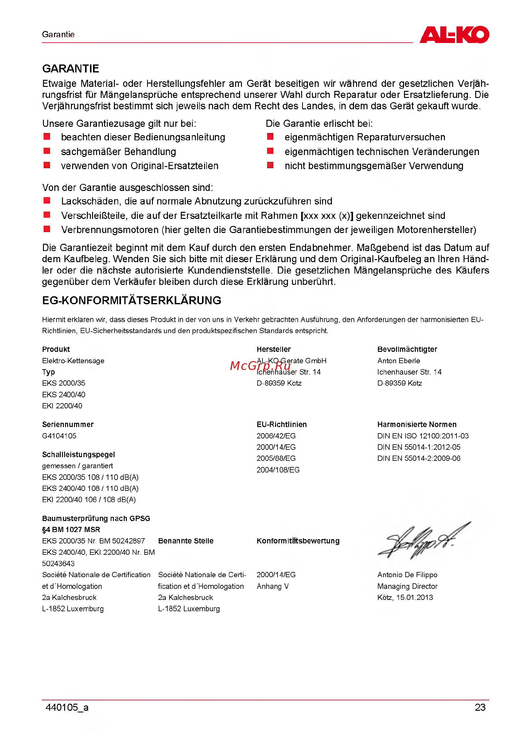 Al-Ko EKI 2200/40 112809 [23/312] Eg konformitatserklarung