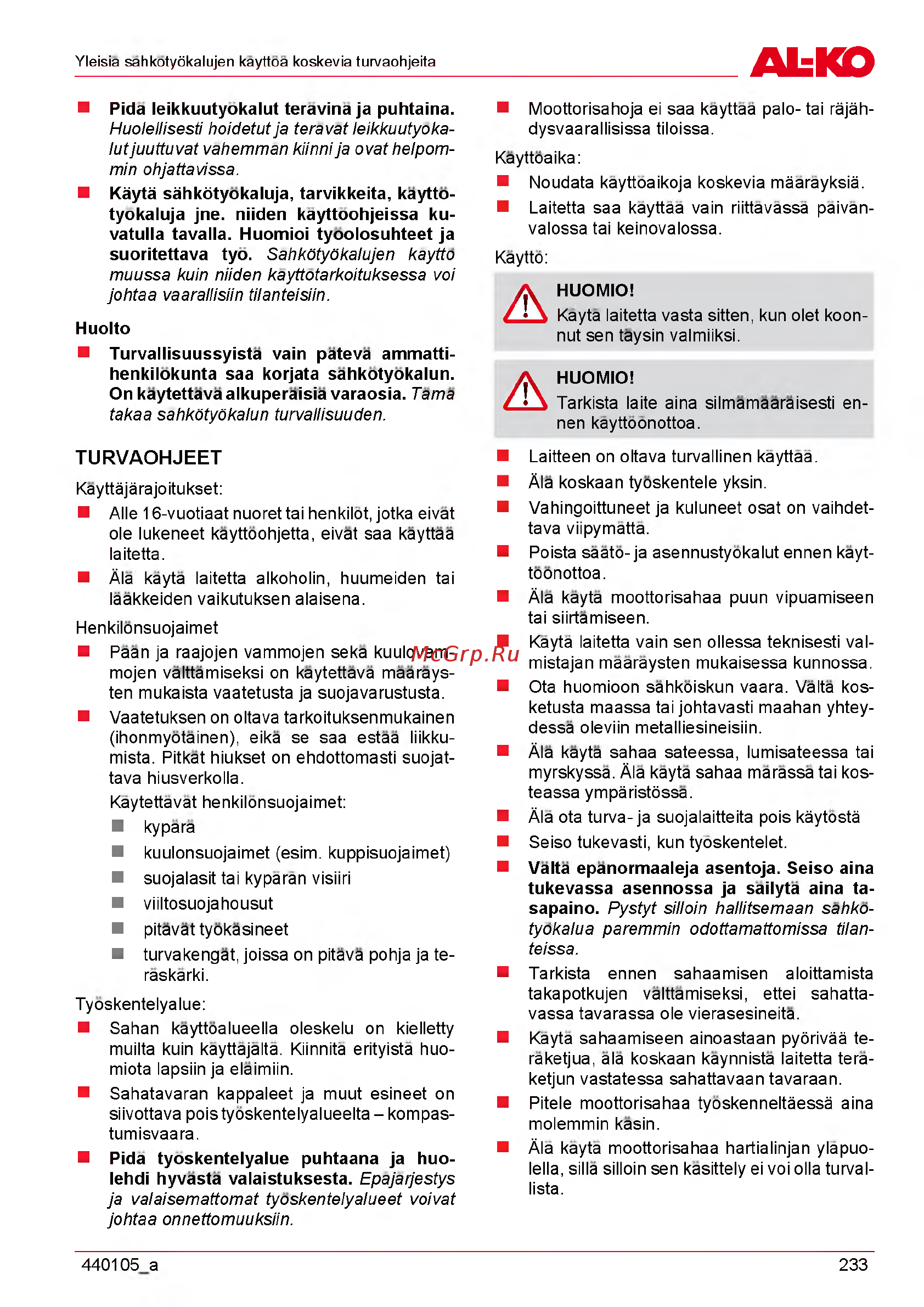 Al-Ko EKS 200035 [233/312] Turvaohjeet