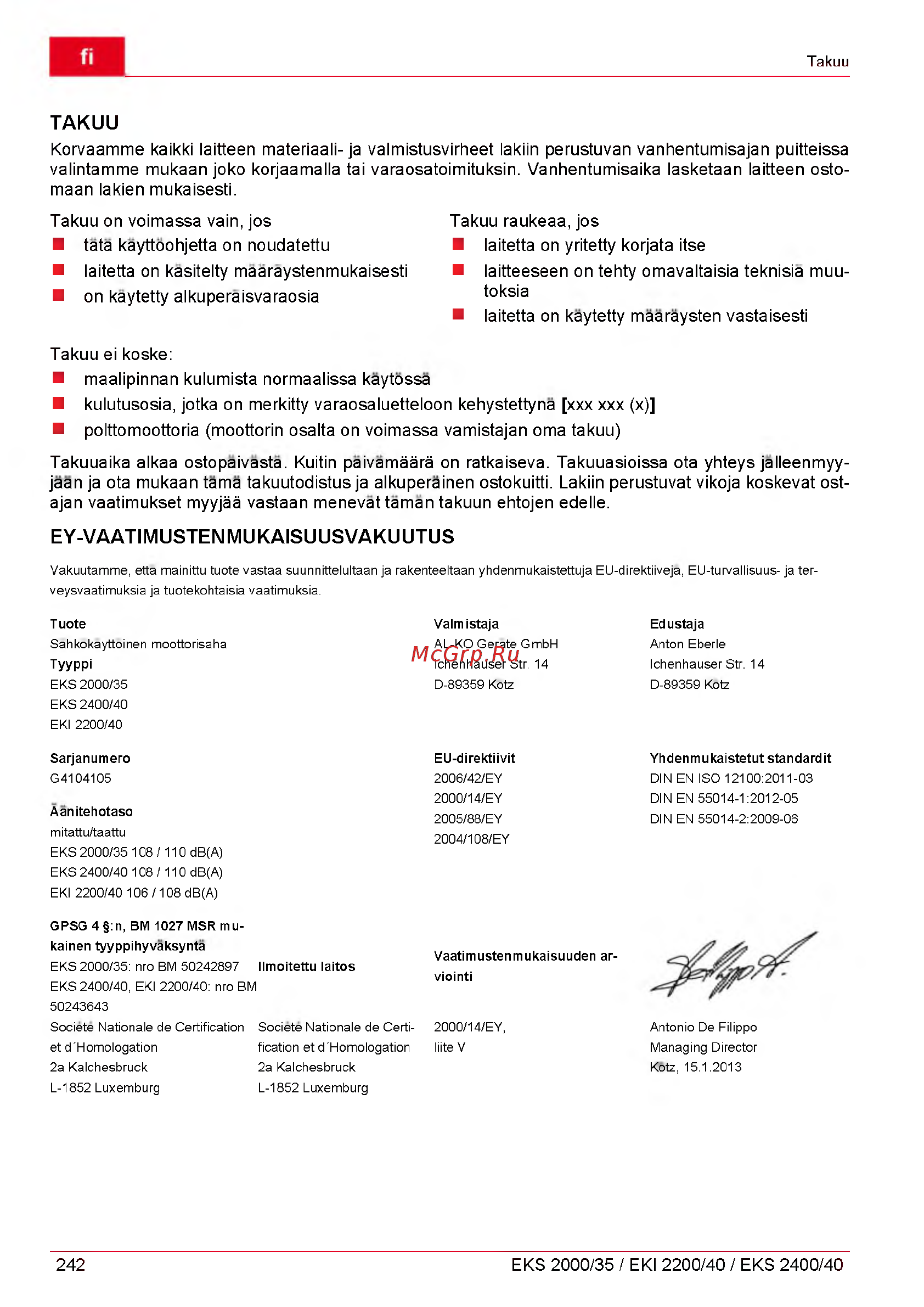 Al-Ko EKS 2000/35 [242/312] Ey vaatimustenmukaisuusvakuutus