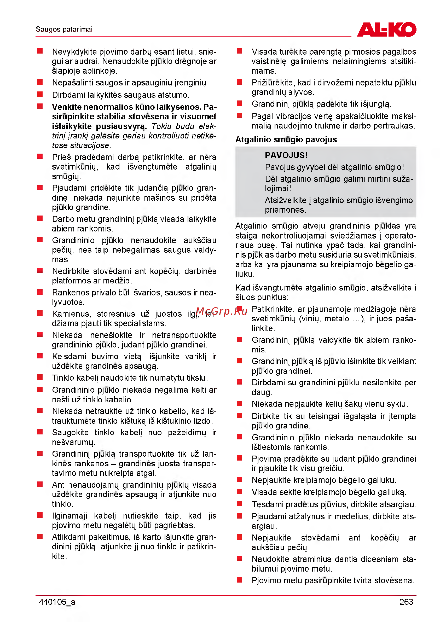 Al-Ko EKI 2200/40 112809 [263/312] Atgalinio smugio pavojus