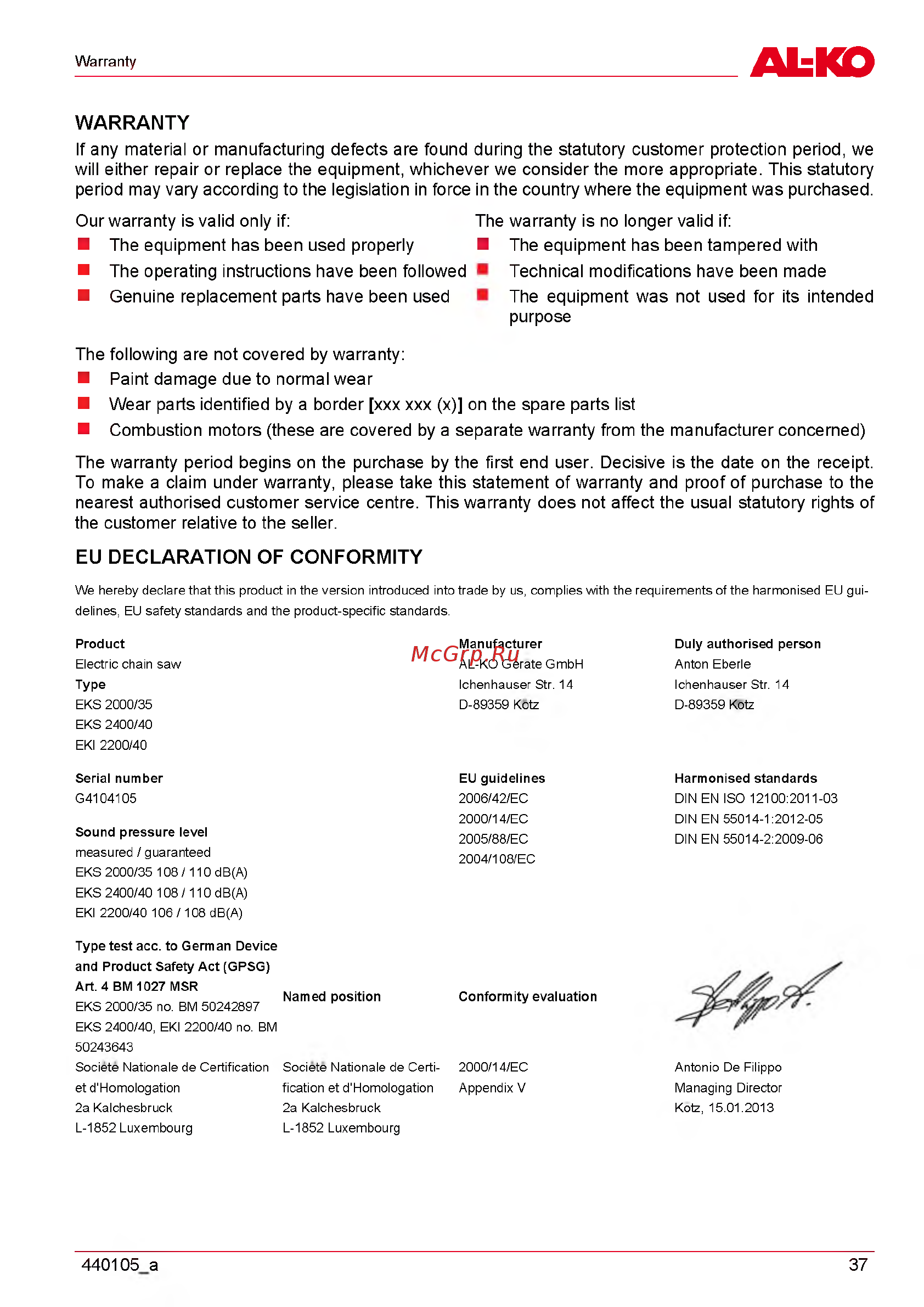 Al-Ko EKI 2200/40 112809 [37/312] Eu declaration of conformity