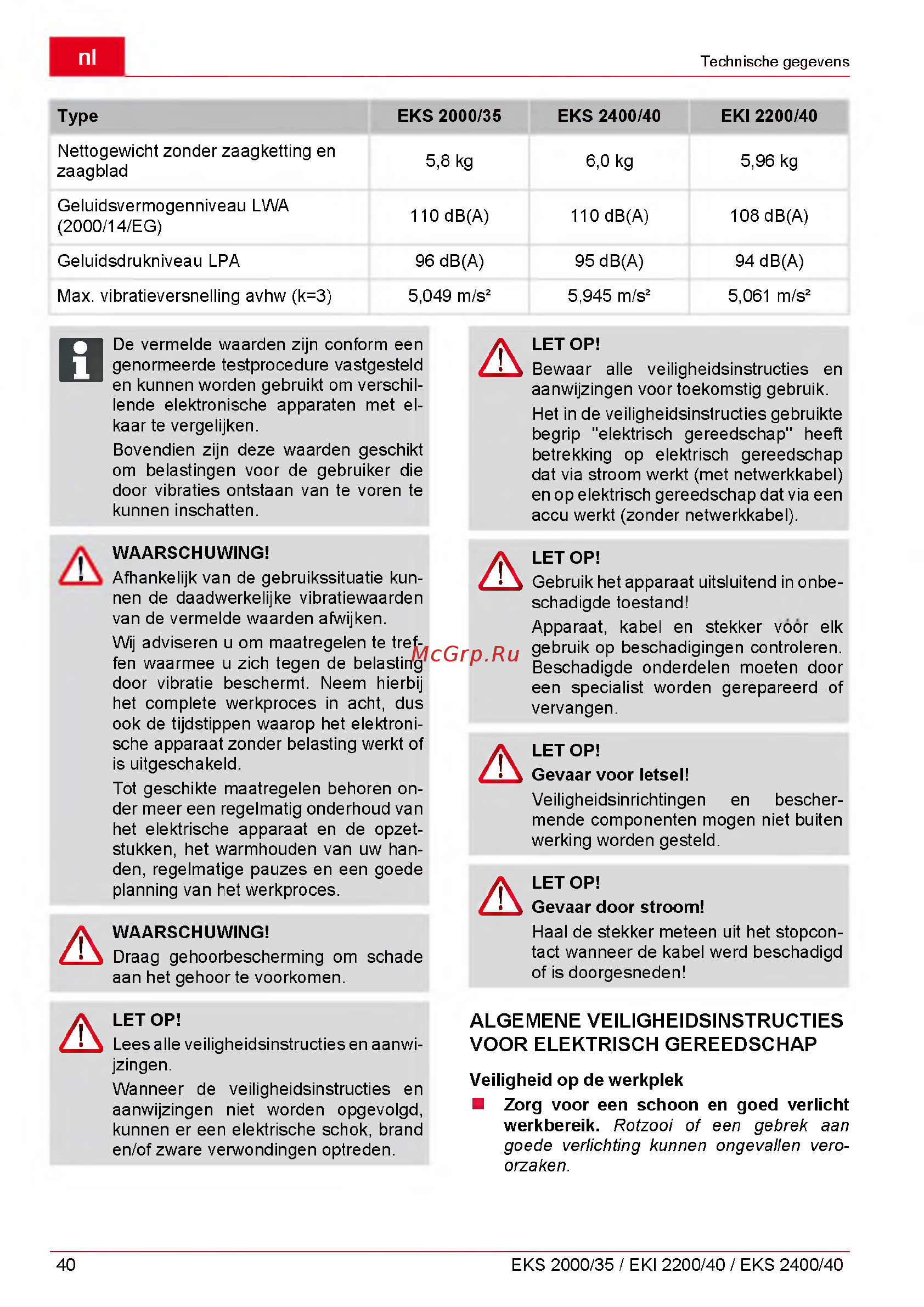 Al-Ko EKI 2200/40 112809 [40/312] Algemene veiligheidsinstructies voor elektrisch gereedschap