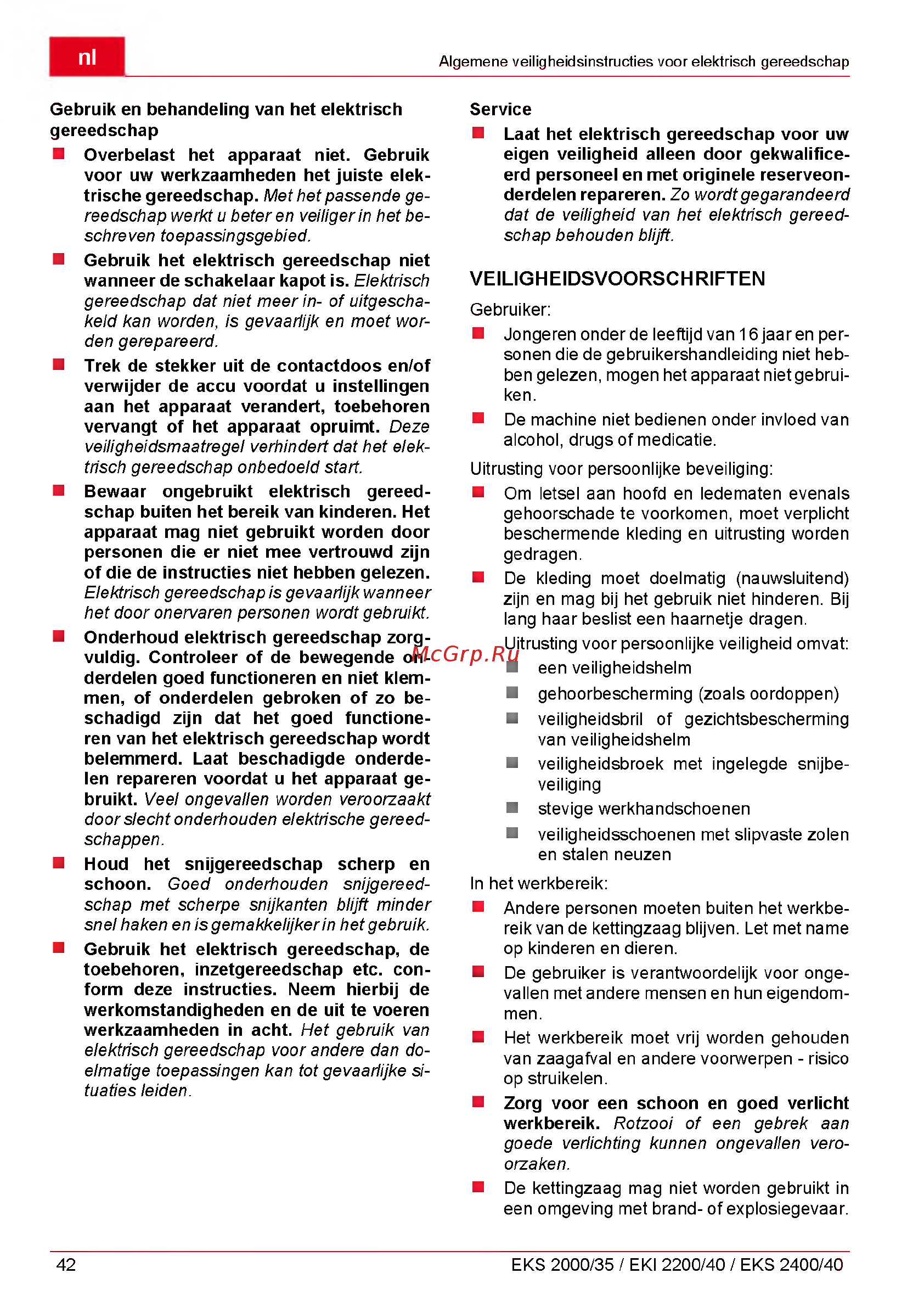 Al-Ko EKI 2200/40 112809 [42/312] Veiligheidsvoorschriften