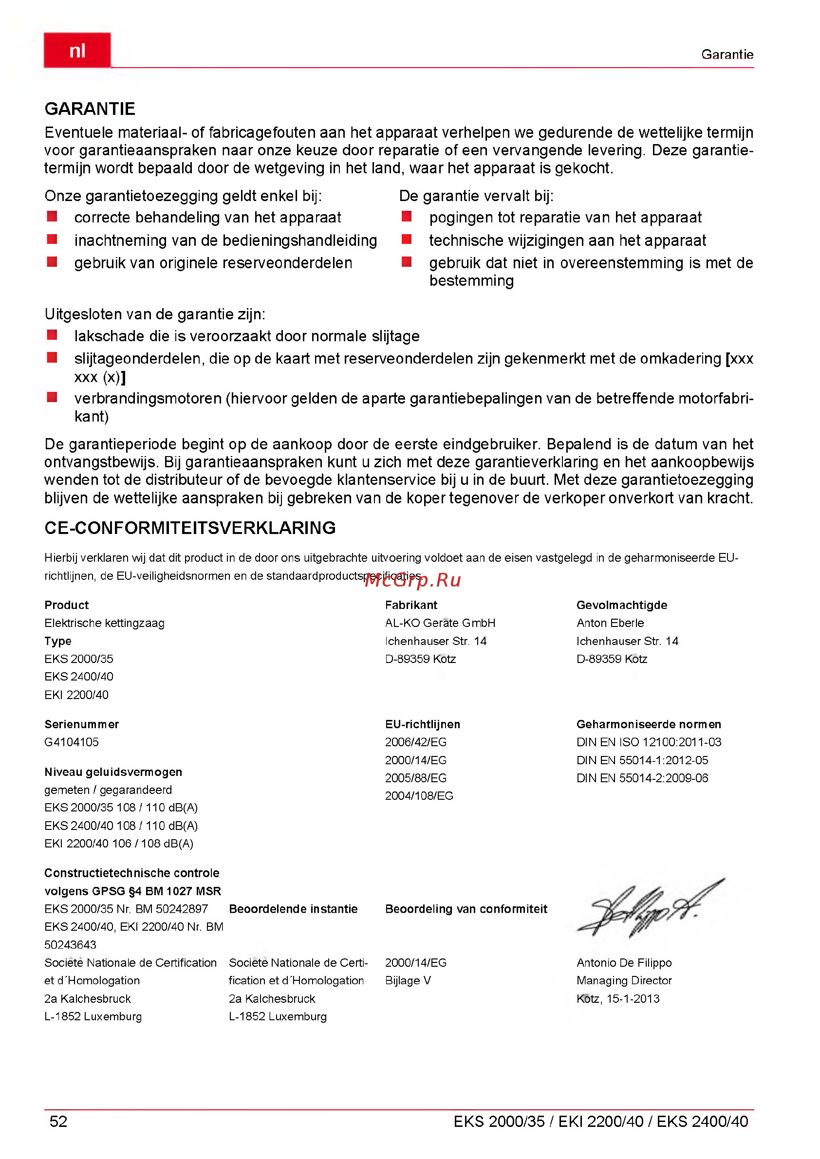 Al-Ko EKI 2200/40 112809 [52/312] Ce conformiteitsverklaring