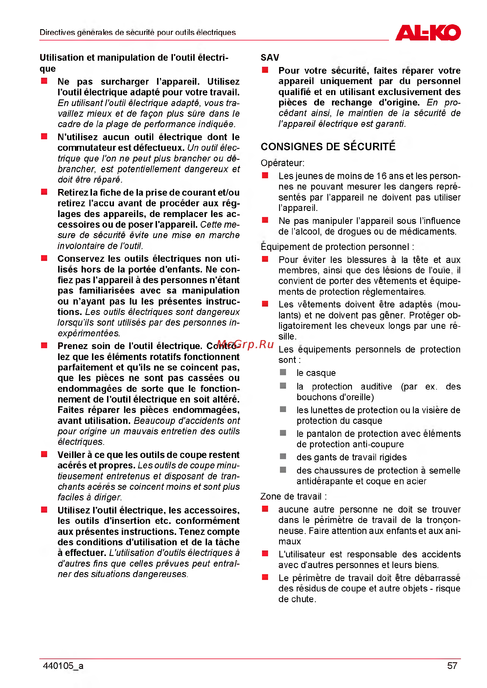 Al-Ko EKI 2200/40 112809 [57/312] Consignes de securite