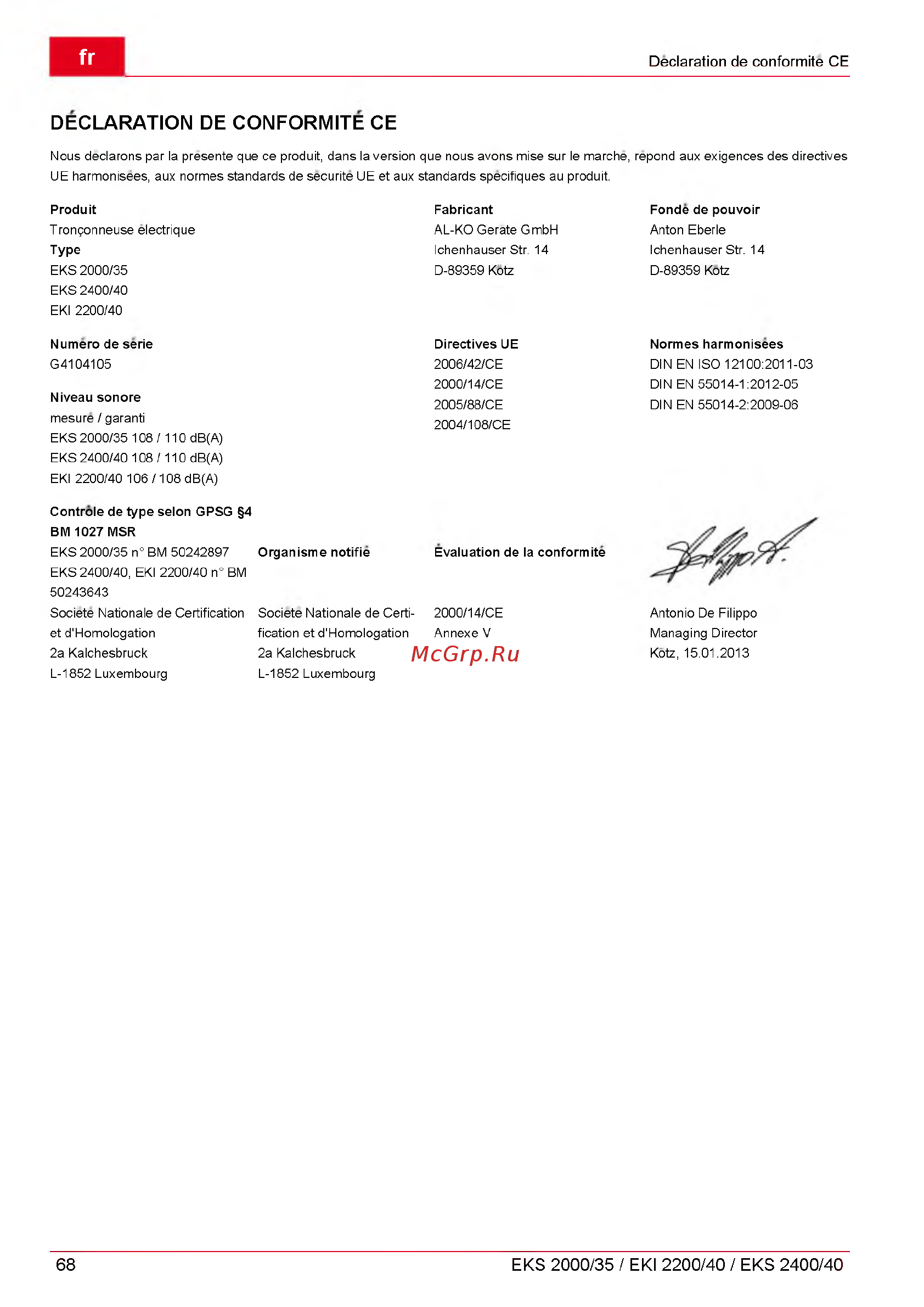 Al-Ko EKI 2200/40 112809 [68/312] Declaration de conformite ce