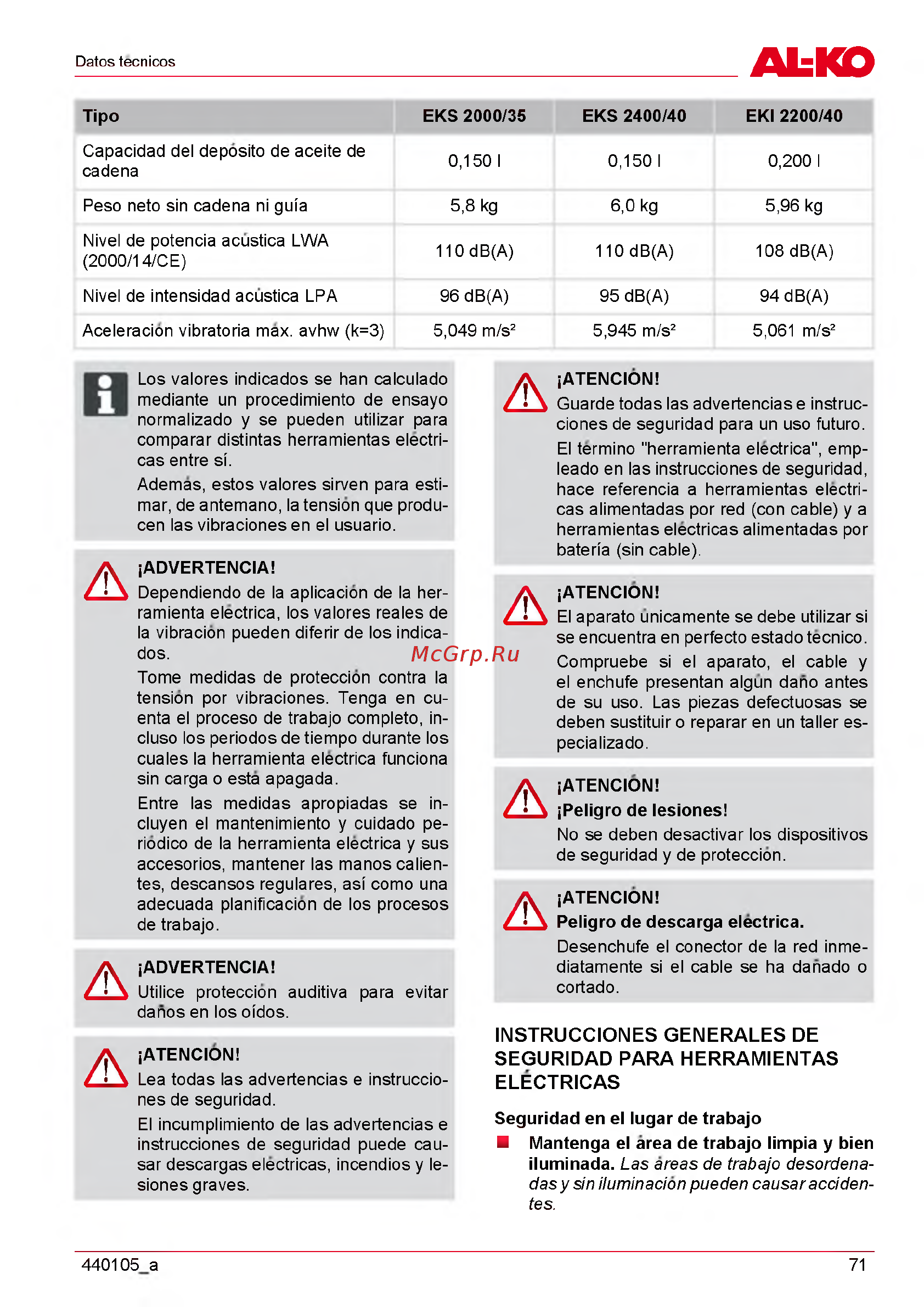 Al-Ko EKI 2200/40 112809 [71/312] Instrucciones generales de seguridad para herramientas electricas