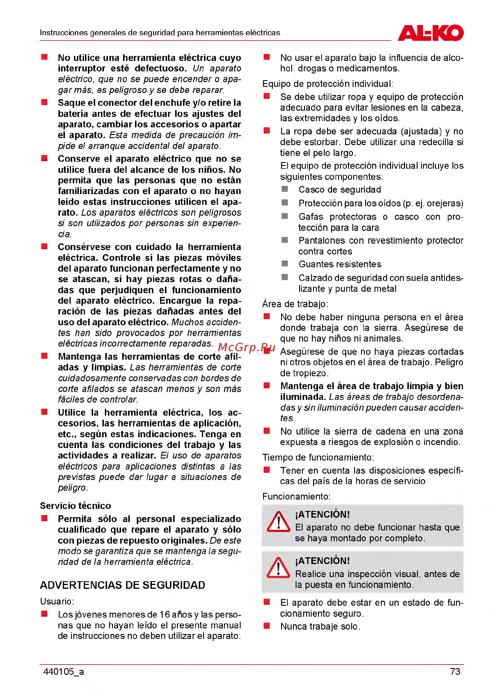 Al-Ko EKI 2200/40 112809 [73/312] Advertencias de seguridad