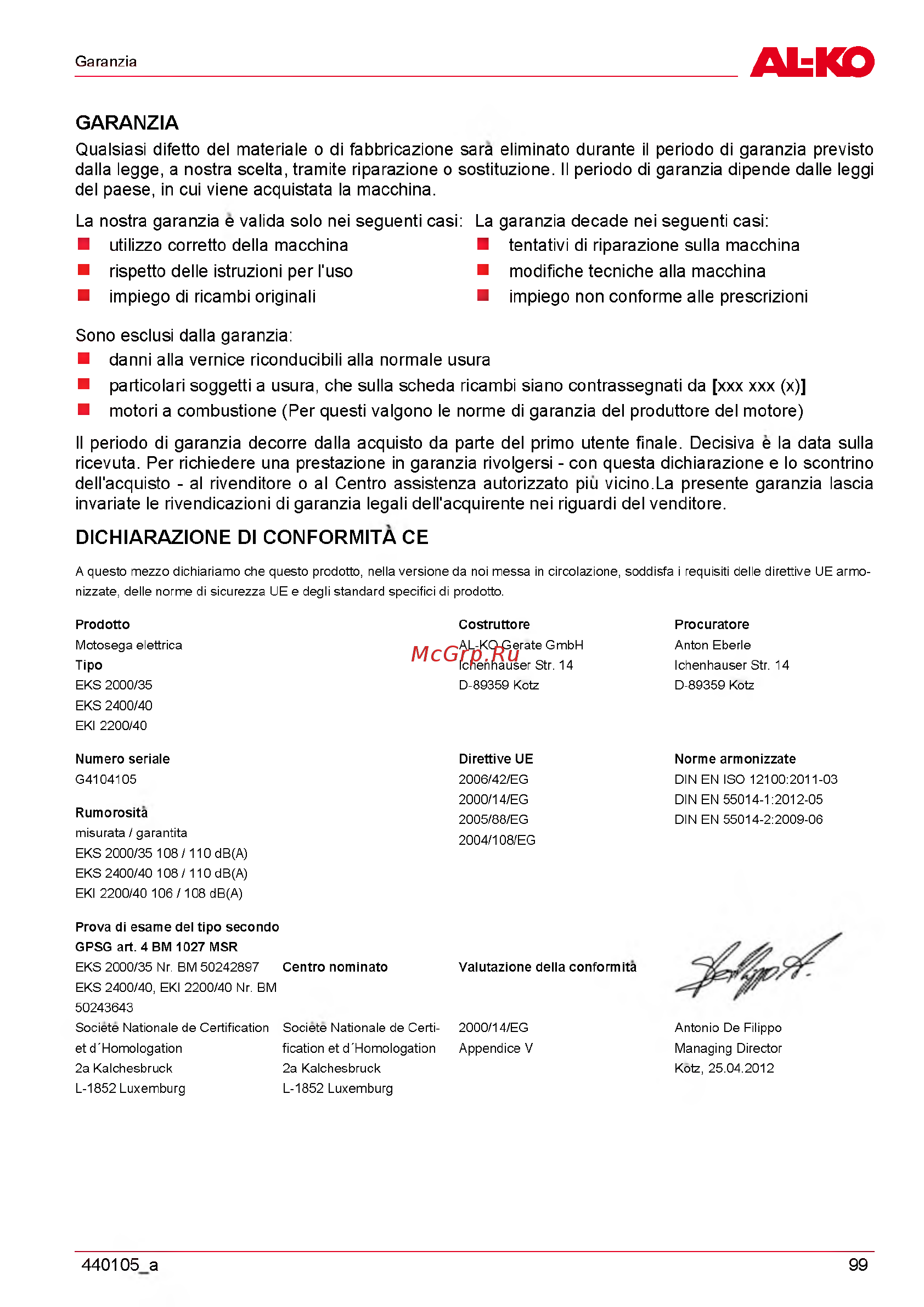 Al-Ko EKS 2000/35 [99/312] Dichiarazione di conformita ce