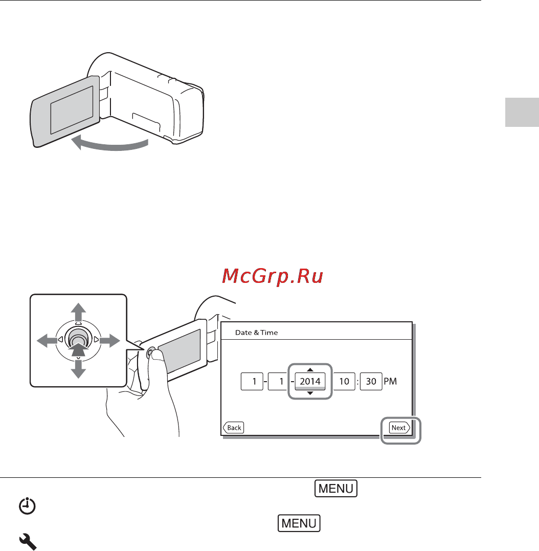 Sony HDRCX240 [35/56] Виберіть мову географічний регіон режим переходу на літній чи зимовий час формат дати а також дату та час