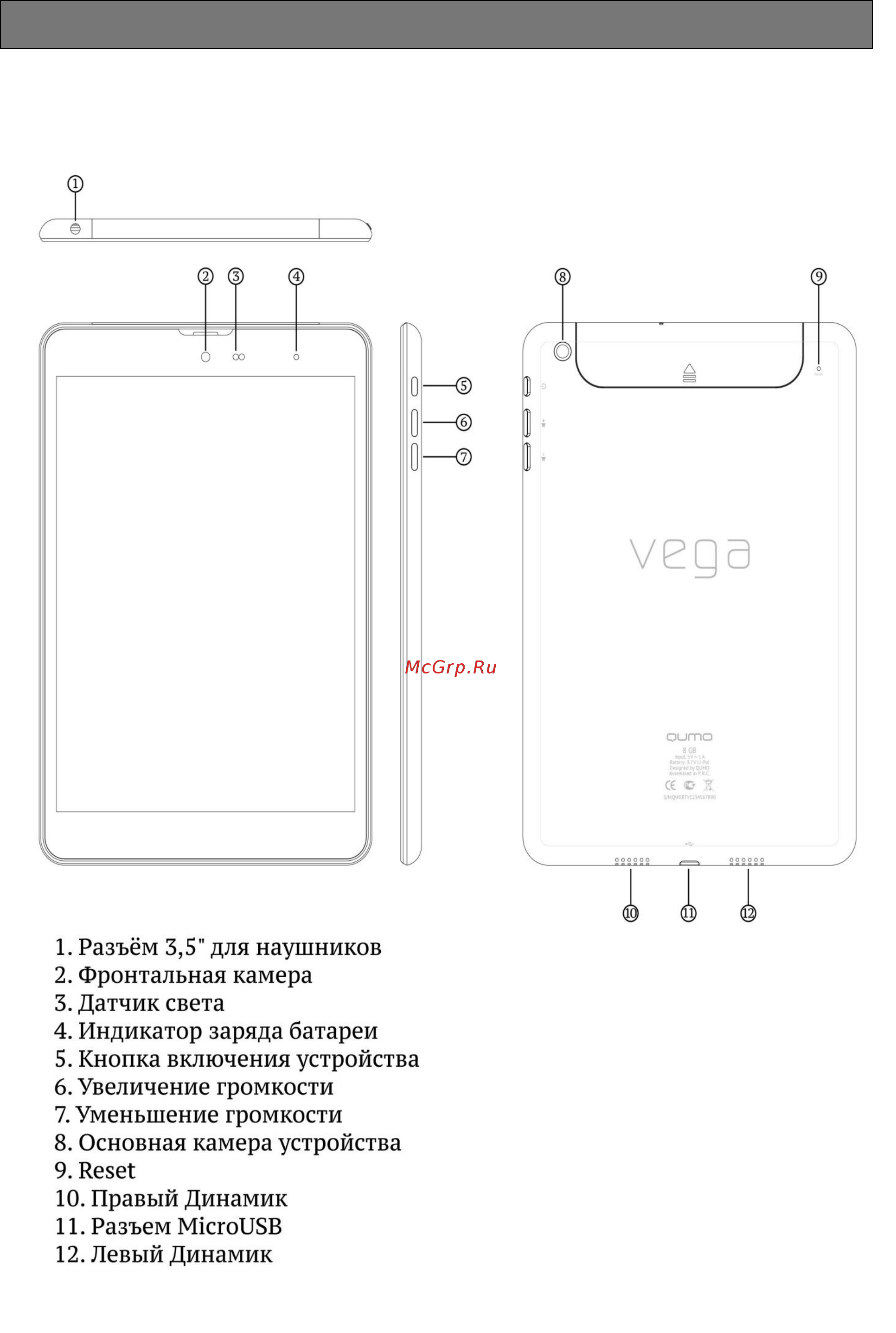 Qumo QUMO Vega 782 8GB White [5/21] Внешний вид и управляющие элементы