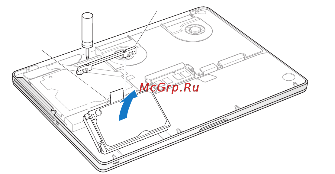 Apple MacBook Pro 13.3 i7 2.8/16GB/1TBFlash (Z0QC0008K) [40/84] Найдите держатель на верхней поверхности диска крестовой отверткой ослабьте два невыпадающих винта которые фиксируют держатель поместите держатель в безопасное место