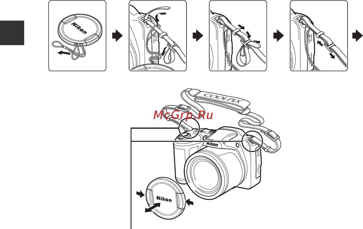 Nikon Coolpix L330 Black [24/184] Прикрепление ремня фотокамеры и крышки объектива