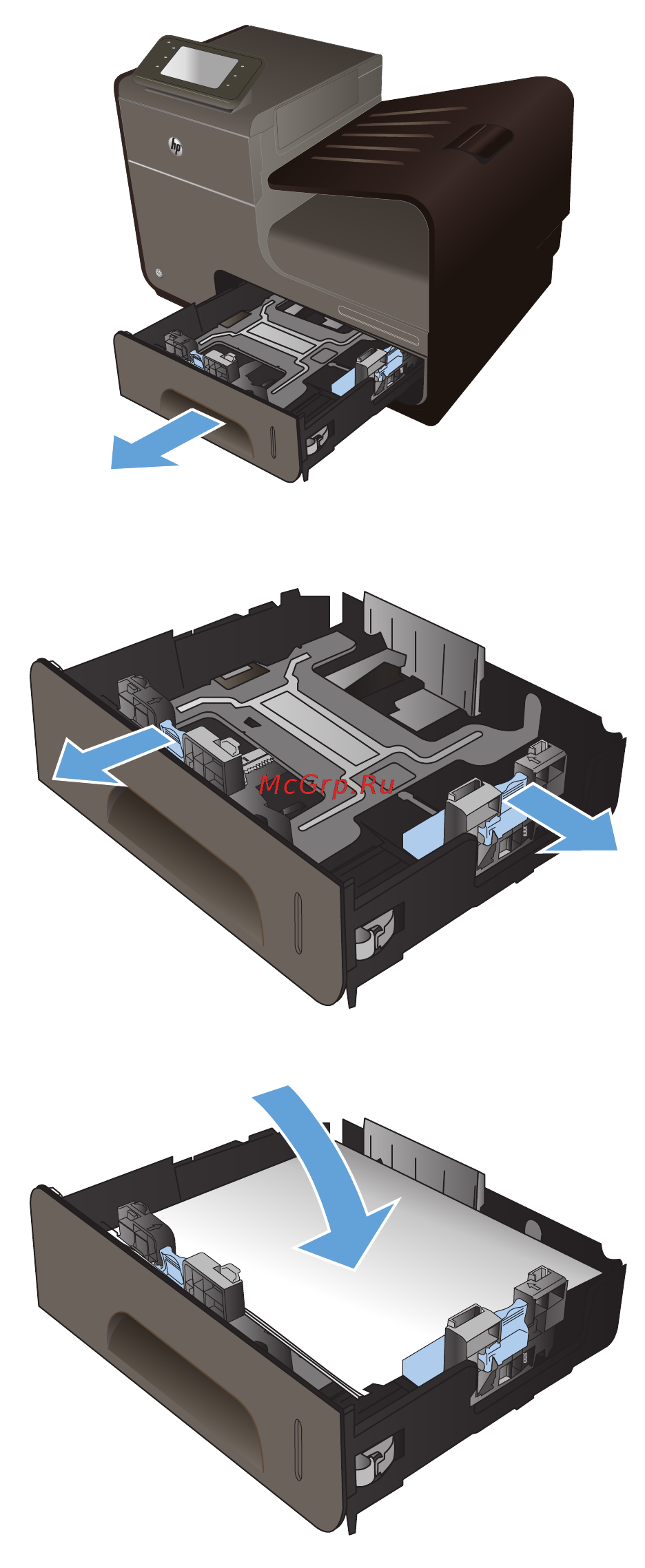 HP Officejet Pro X451dw Printer [80/252] Загрузка лотка 2 и дополнительного лотка 3