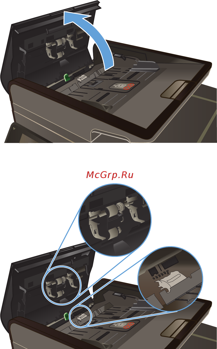 HP Officejet Pro X476dw MFP [200/286] Очистите подающие ролики и подающую пластину устройства подачи документов
