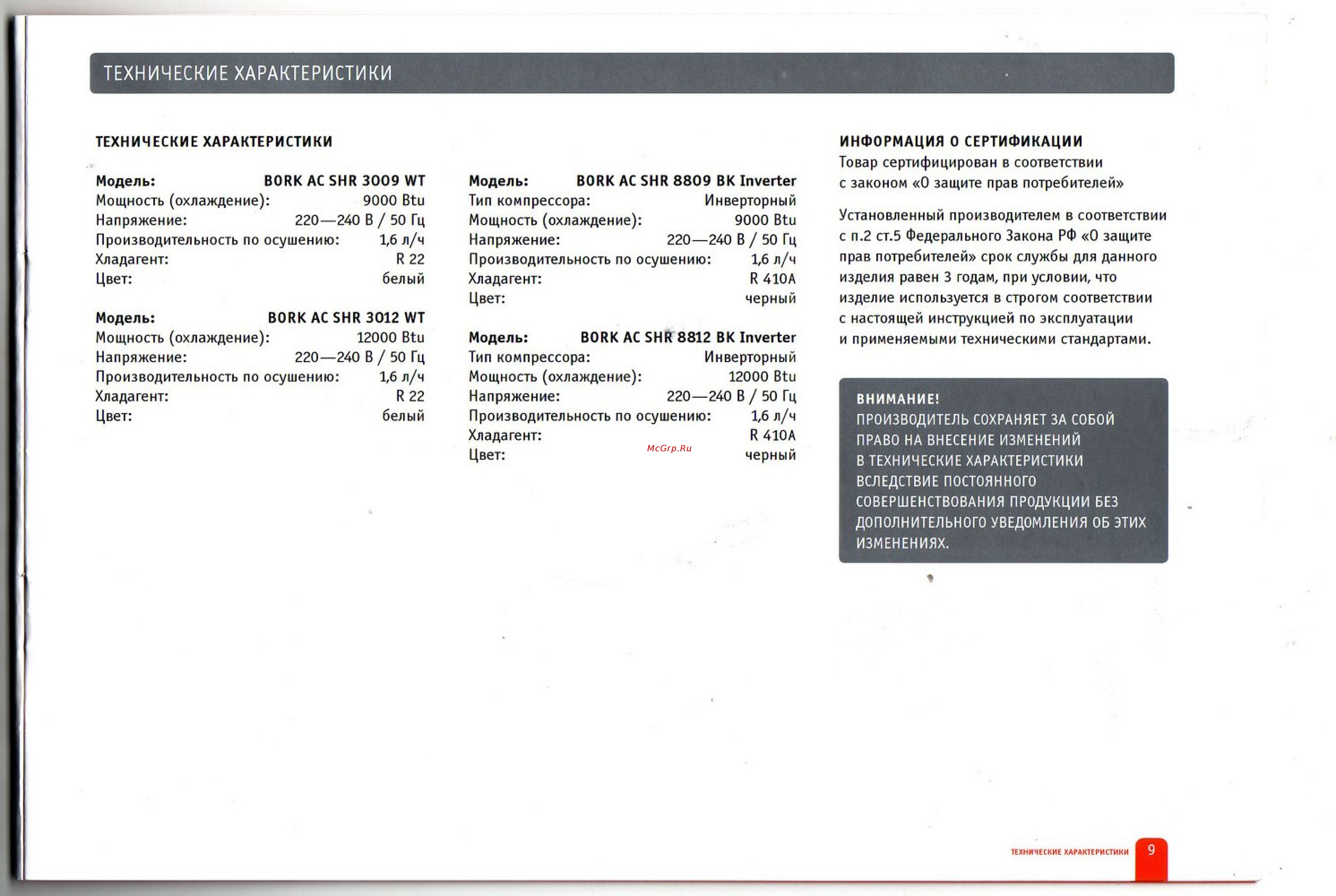 Bork SHR 8812 BK [7/21] Технические характеристики
