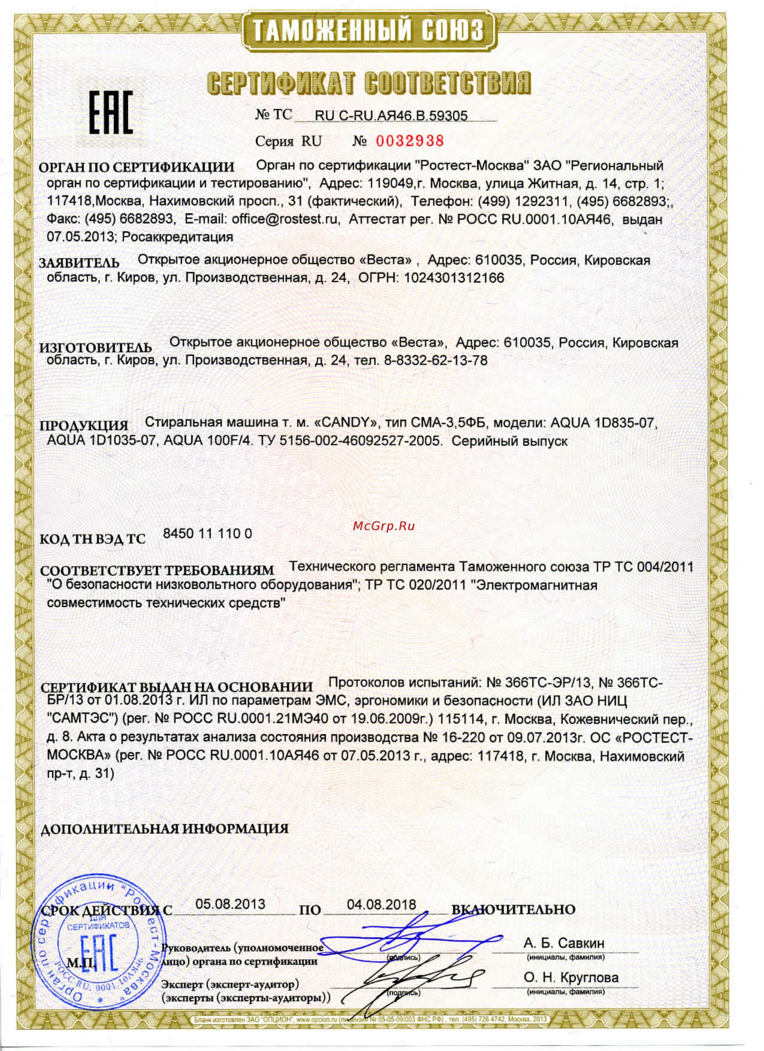 Candy AQUA 1D835-07 Сертификат онлайн