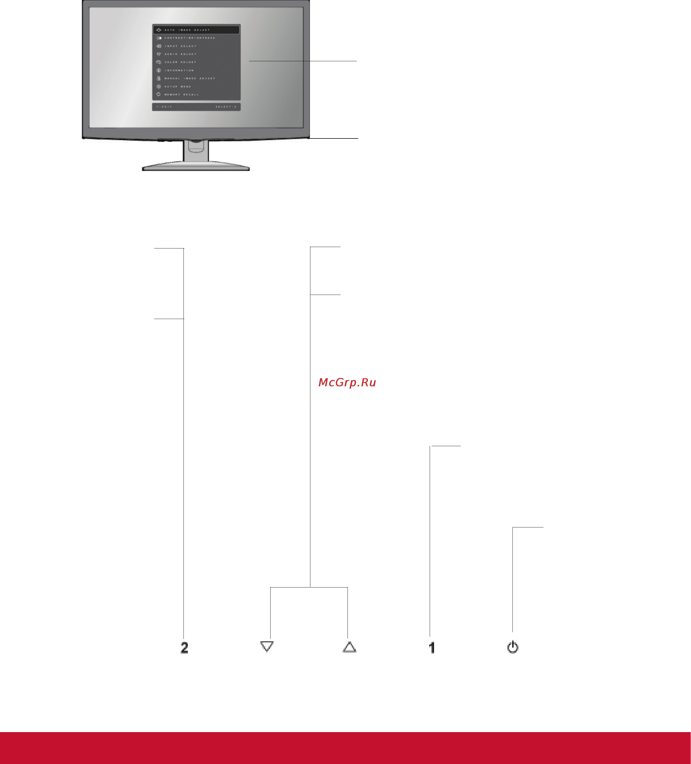 Viewsonic VA2037A-LED [12/26] Вывод на экран и настройка регулировок osd осуществляются с помощью регулировок расположенных на передней панели управления объяснение действия регулировок osd приведено в верхней части следующей страницы а сами регулировки описаны в разделе регулировки в главном меню на стр 12