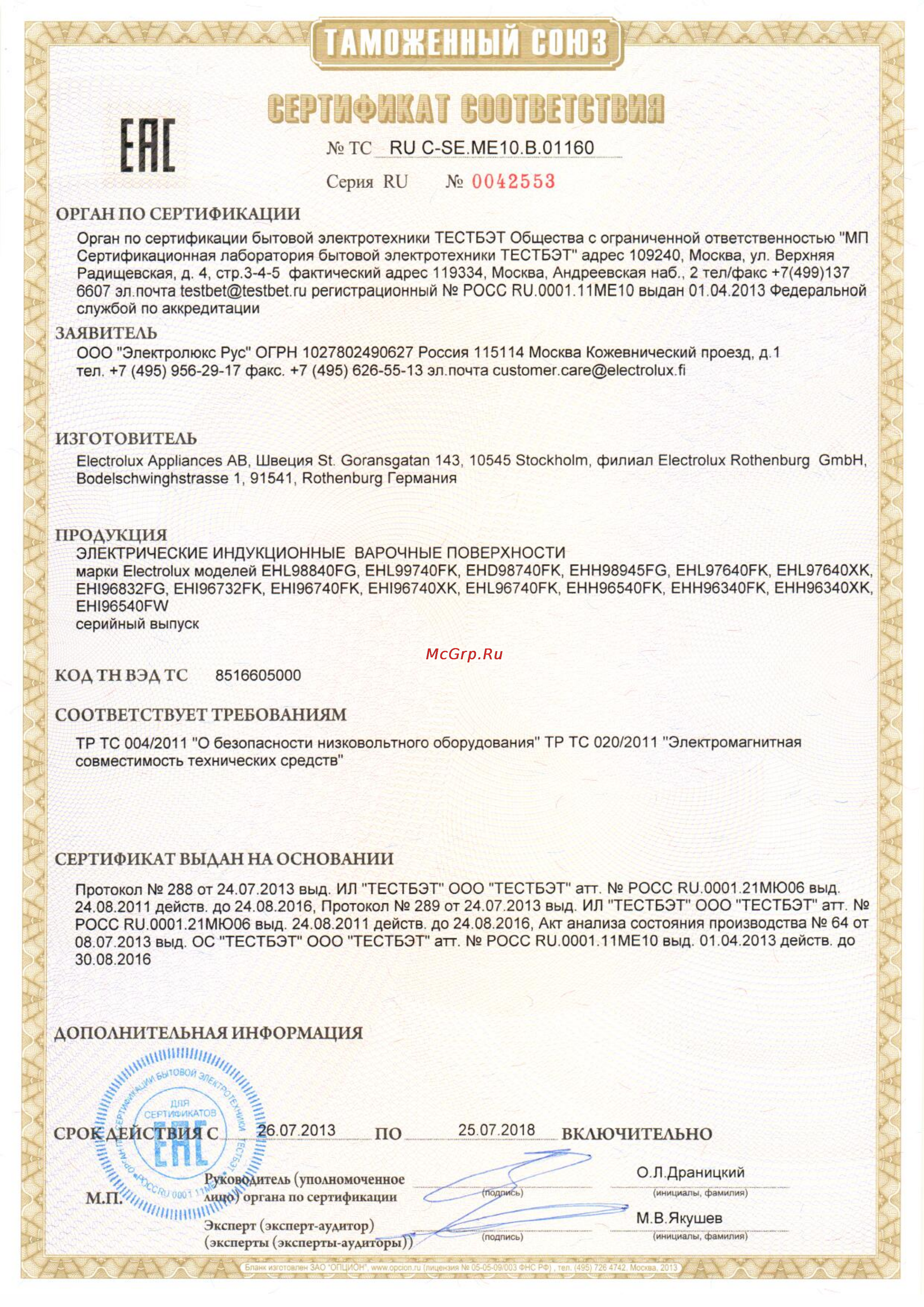 Electrolux EHI96832FG Сертификат онлайн