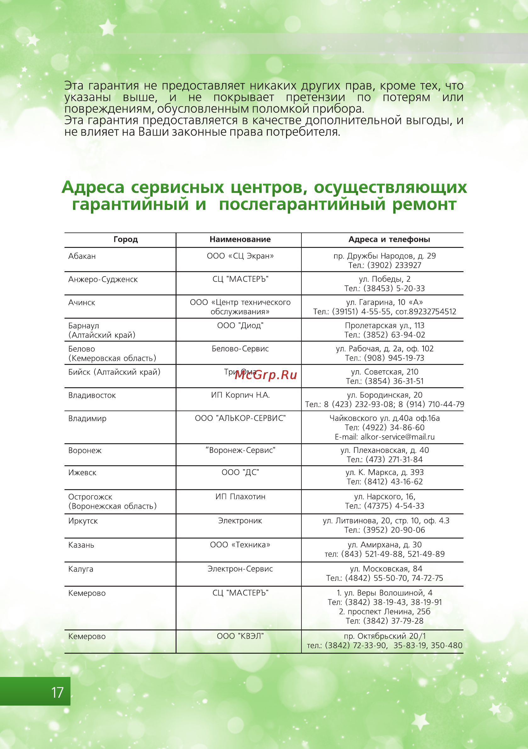 Brand 4002 зеленая [18/20] Адреса сервисных центров осуществляющих