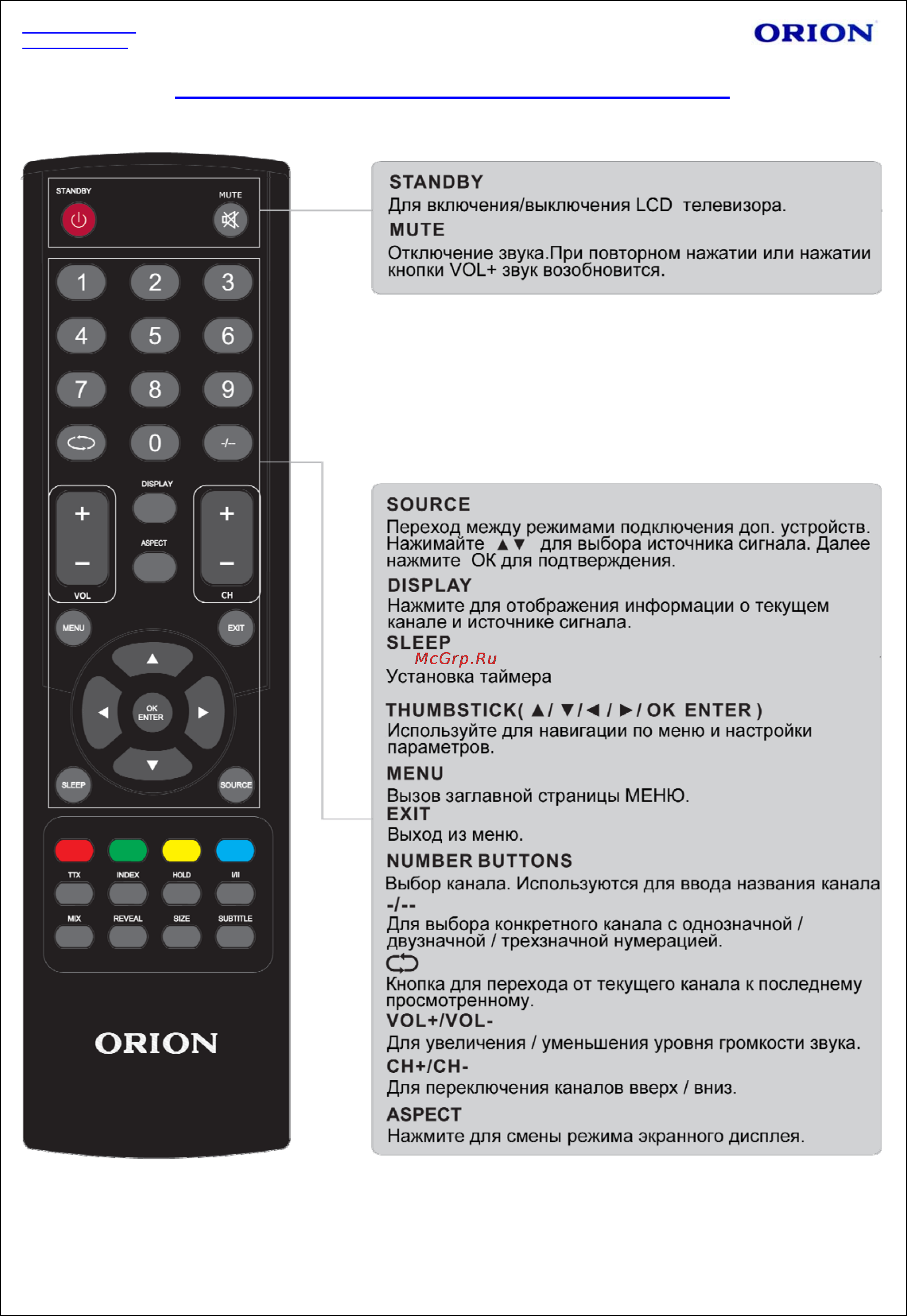 Orion LCD1921 [13/20] Пульт дистанционного управления пду