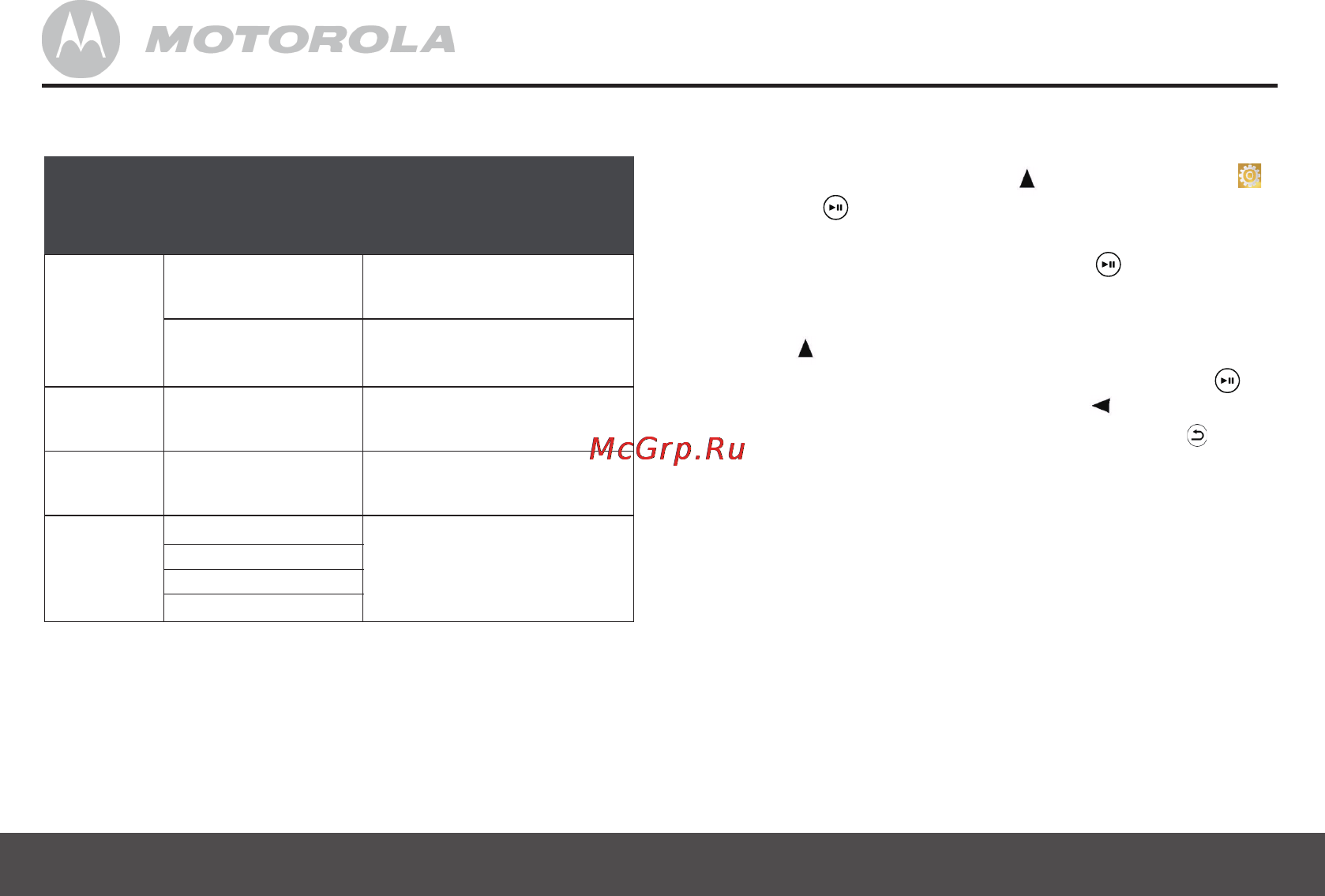 Motorola MF 601 [12/20] На главном экране нажмите или для выбора 2 нажмите для входа в меню 3 нажмите для перехода к функции common общие настройки затем нажмите для входа в подменю для переходов по списку меню настроек используйте кнопки и для применения выбранных настроек нажмите для изменения настройки нажмите или для возврата в предыдущее меню нажмите