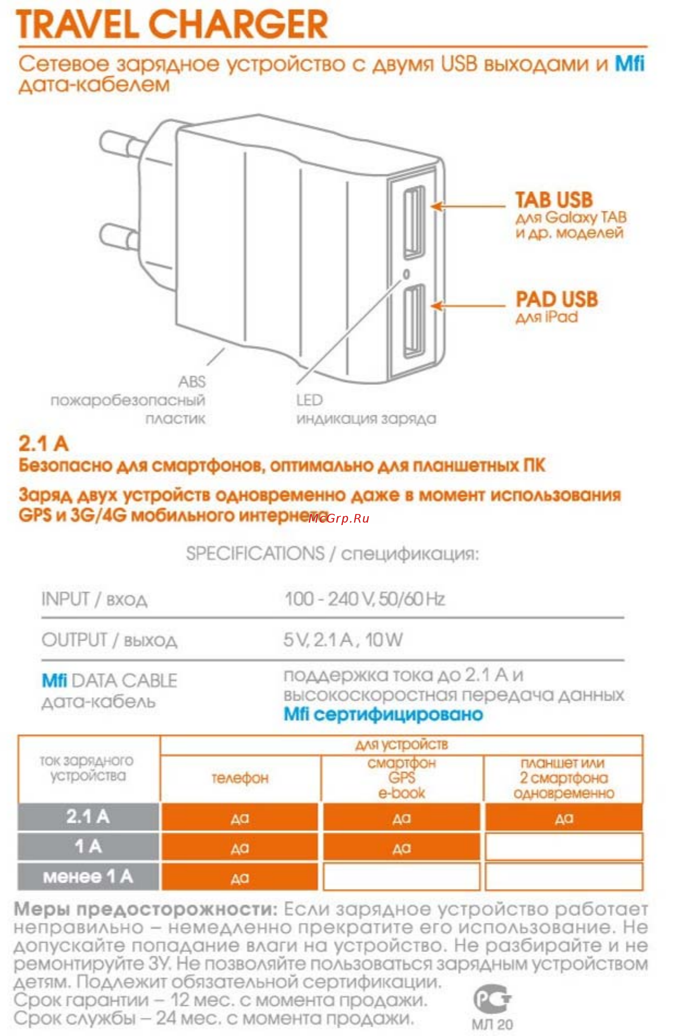 Interstep 2 USB 2.1A + кабель Lightning Инструкция по эксплуатации онлайн