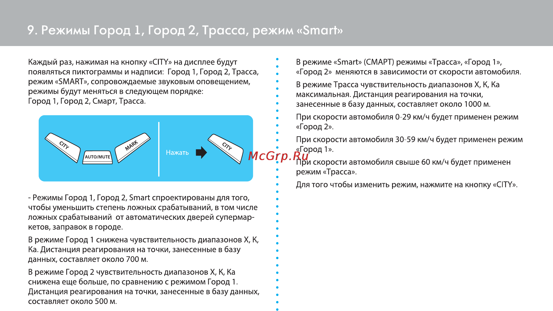 Ritmix RAD-550ST GPS [12/27] Режимы город 1 город 2 трасса режим smart