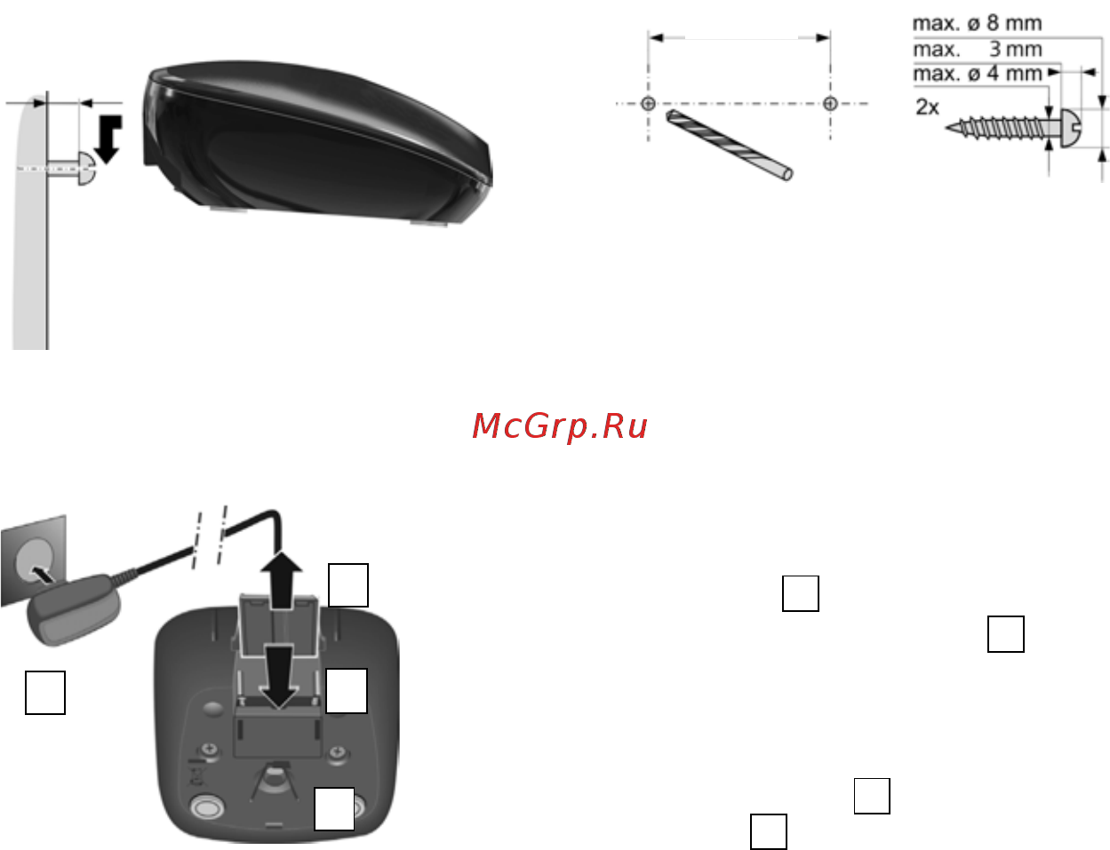 Gigaset C430 [10/87] Монтаж базового блока на стене дополнительный вариант