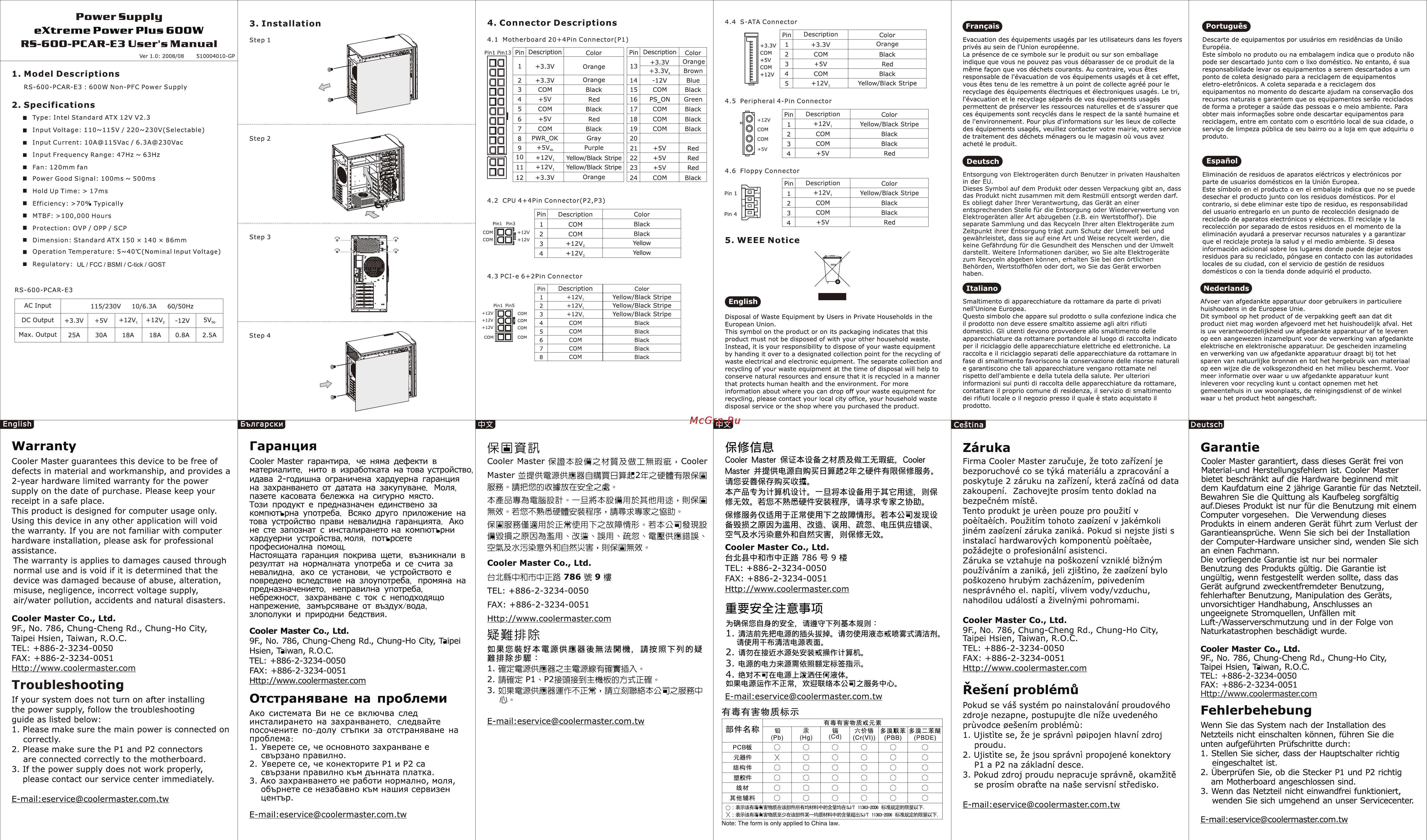 Cooler Master Extreme Power Plus 600W Инструкция по эксплуатации онлайн