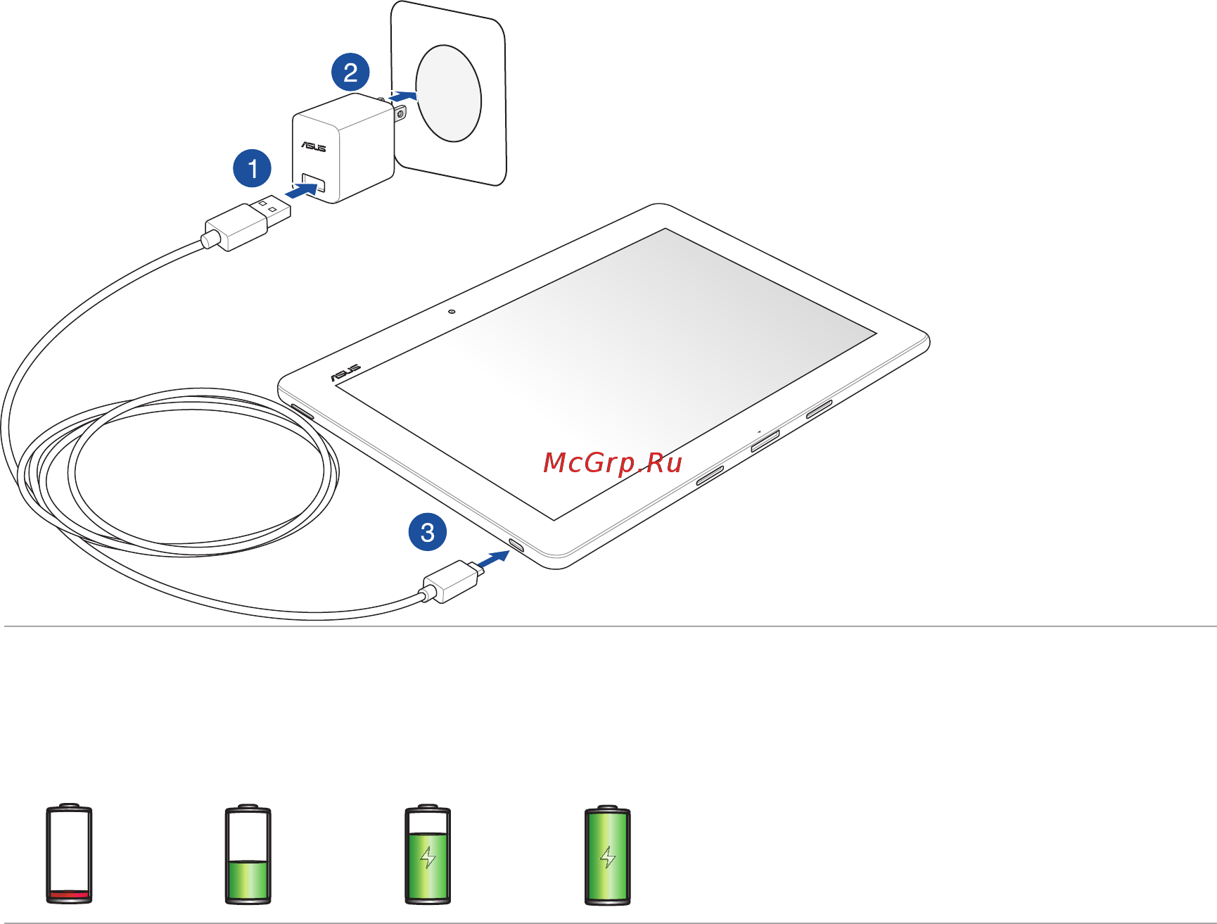 Asus Transformer Pad TF103C 16Gb Wi-Fi White (1B080A) [20/158] Подключите кабель micro usb к блоку питания