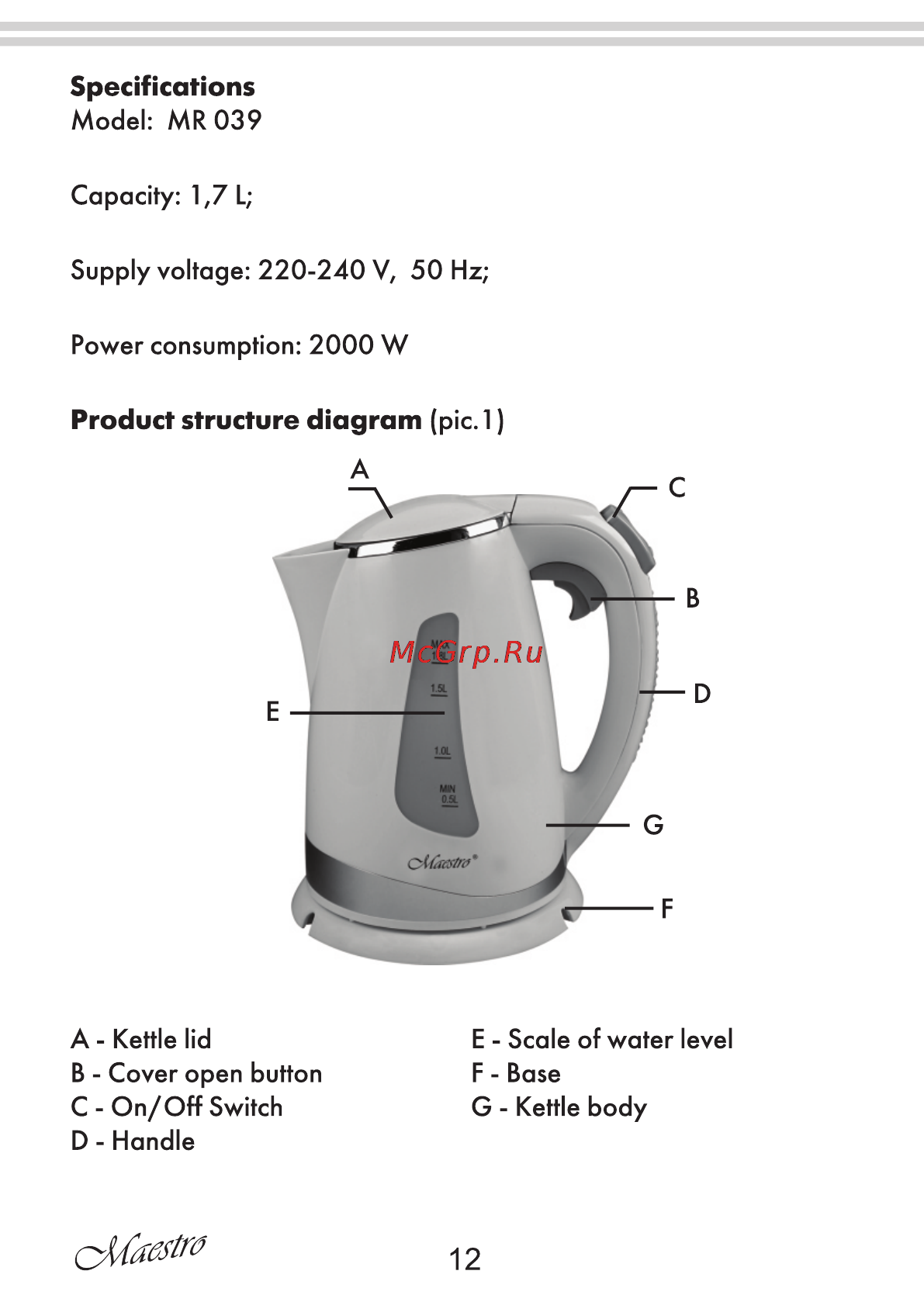 Maestro MR039 [12/16] Product structure diagram