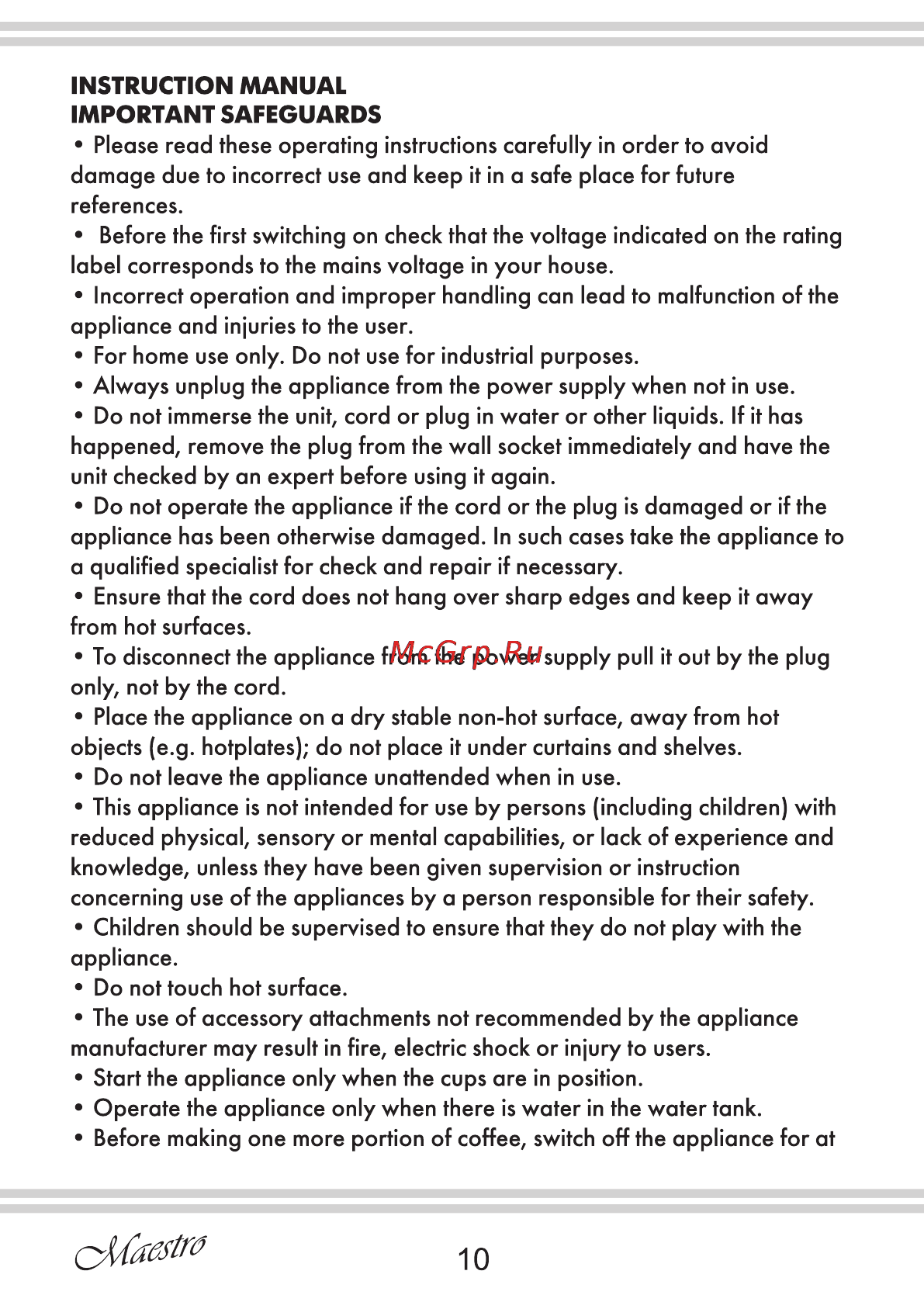 Maestro MR402 [10/12] Instruction manual important safeguards