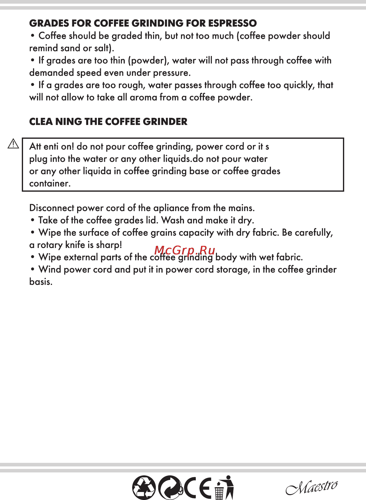 Maestro MR452 [15/16] Clea ning the coffee grinder