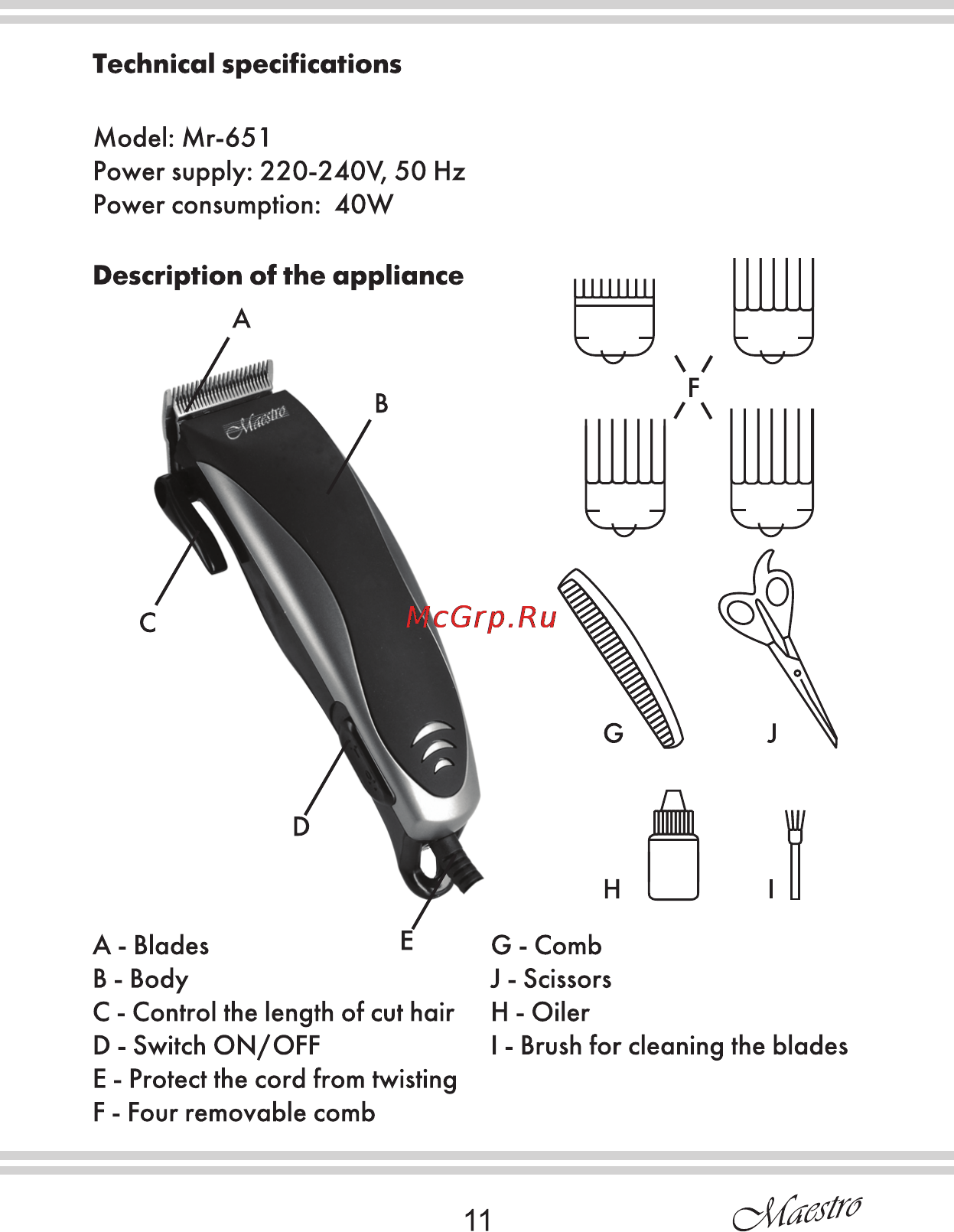 Maestro MR651 [11/16] Description of the appliance