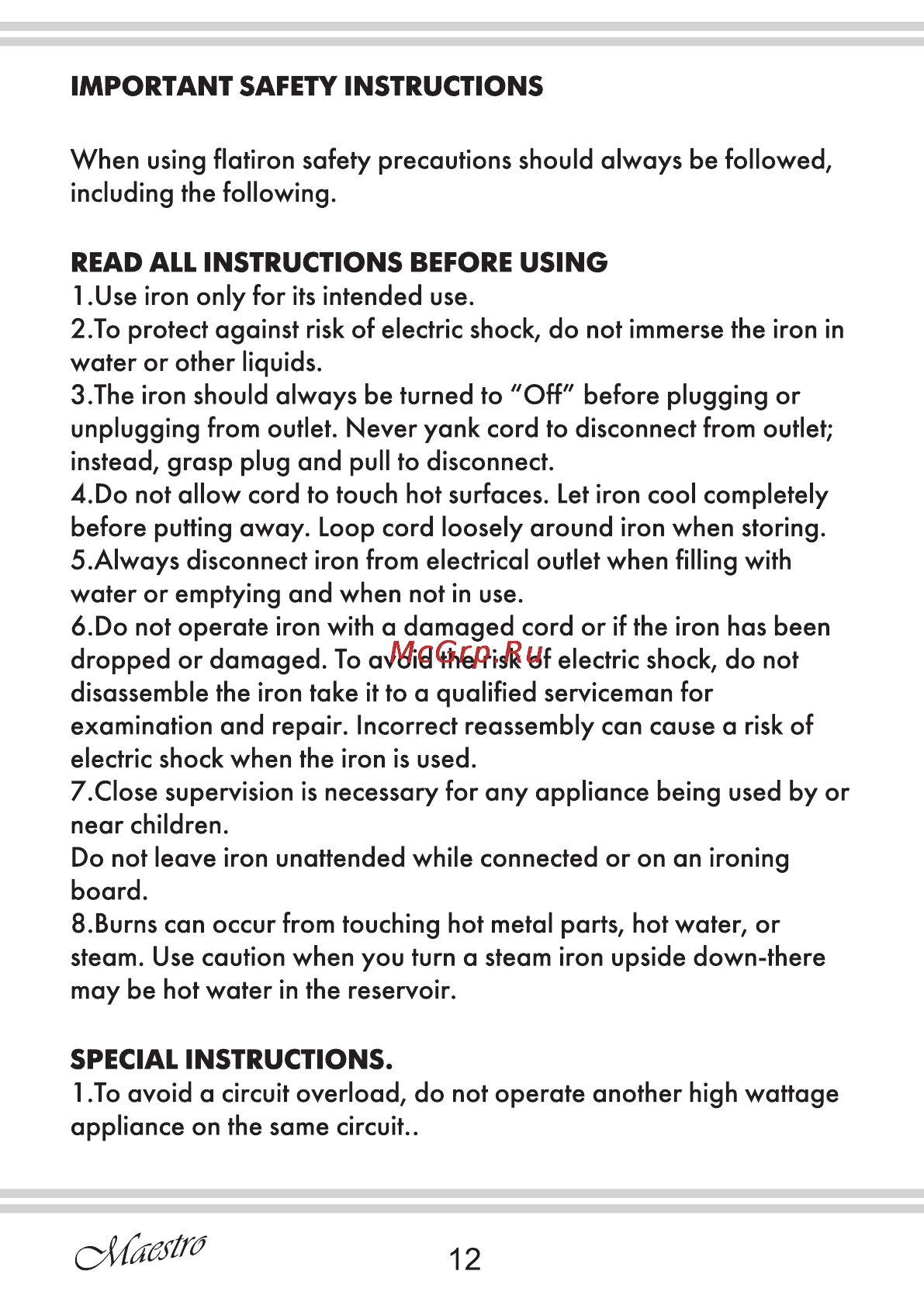 Maestro MR310C [12/20] Important safety instructions