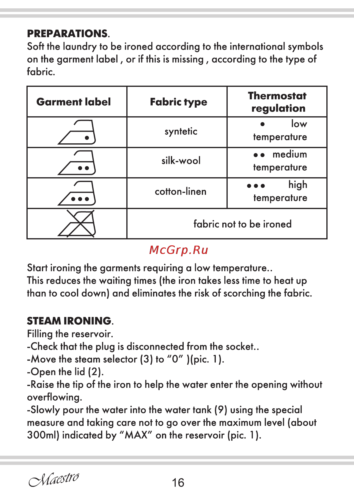 Maestro MR312C [16/20] Garment label fabric type thermostat régulation