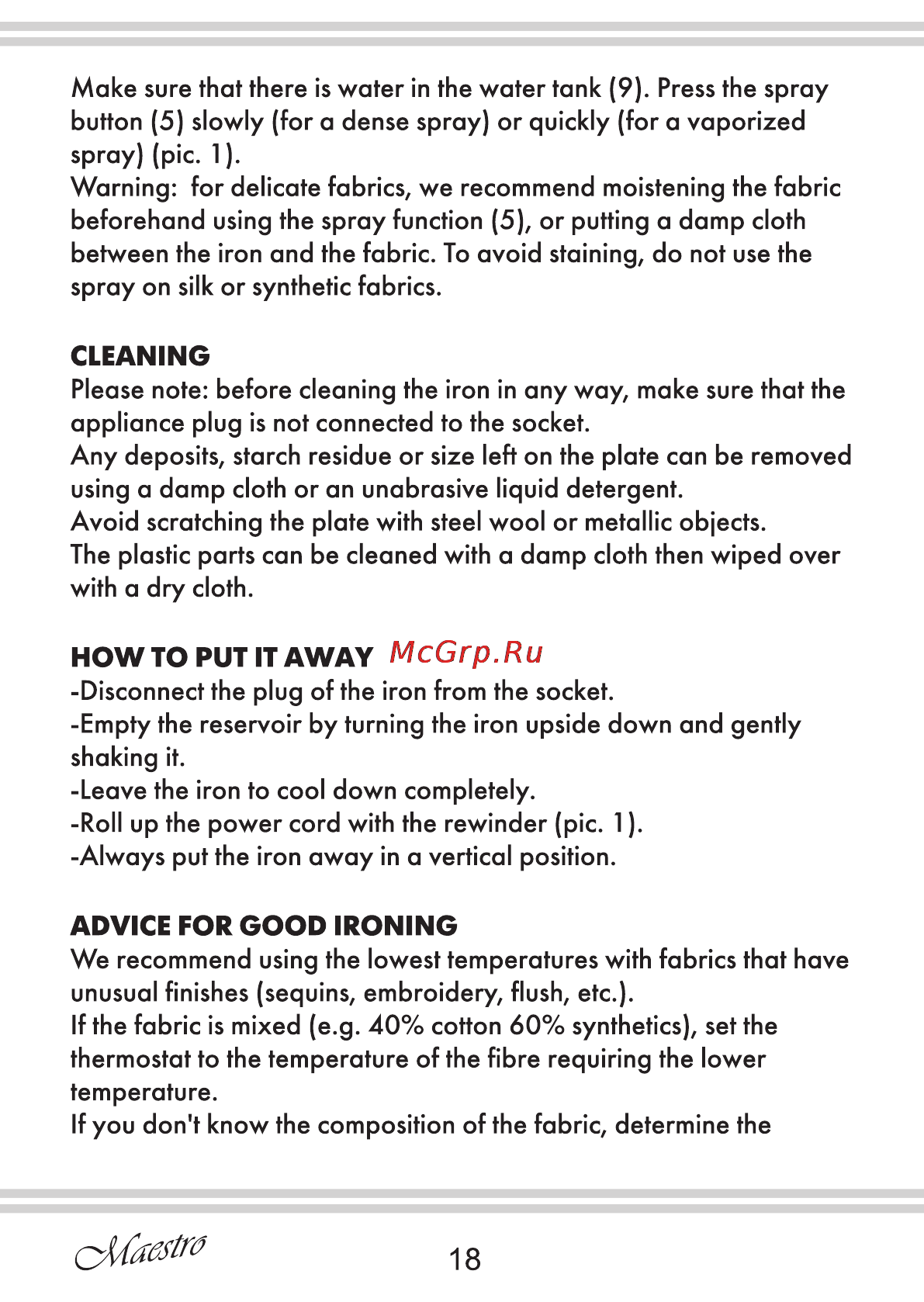 Maestro MR312C [18/20] Advice for good ironing