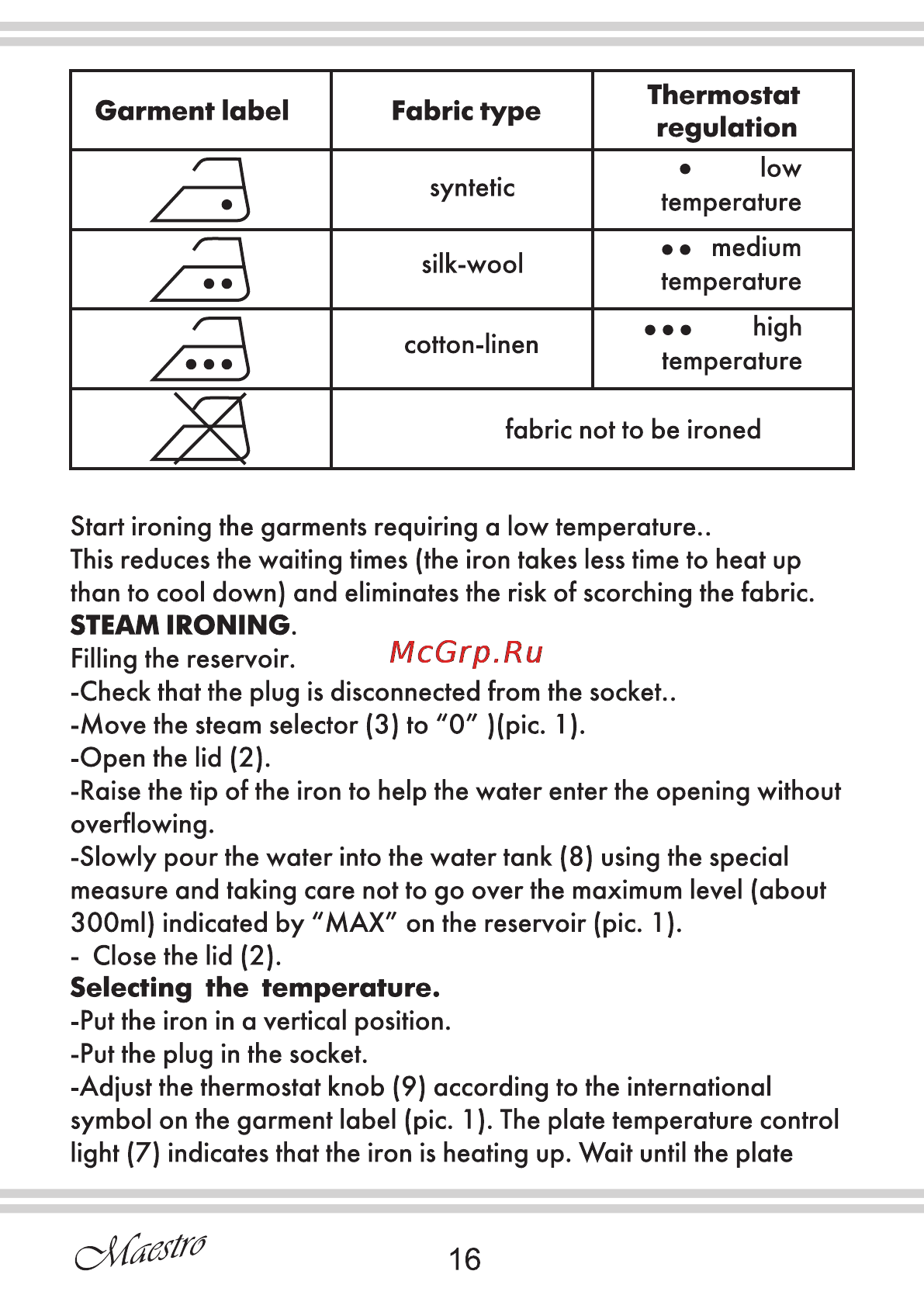 Maestro MR313C [16/20] Garment label fabric type thermostat régulation