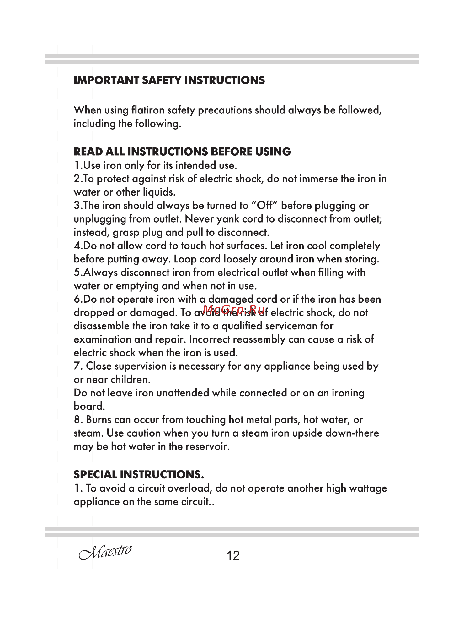 Maestro MR316 [12/20] Important safety instructions