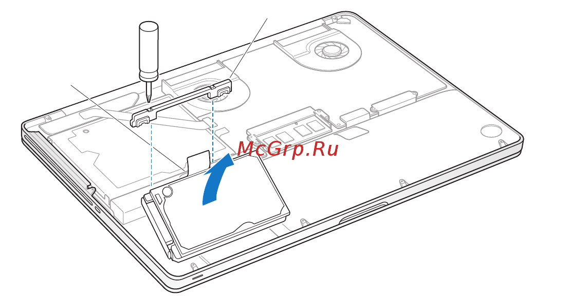 Apple MacBook Pro 13u0022 Early 2015 (MF841RU/A) [40/84] Найдите держатель на верхней поверхности диска крестовой отверткой ослабьте два невыпадающих винта которые фиксируют держатель поместите держатель в безопасное место