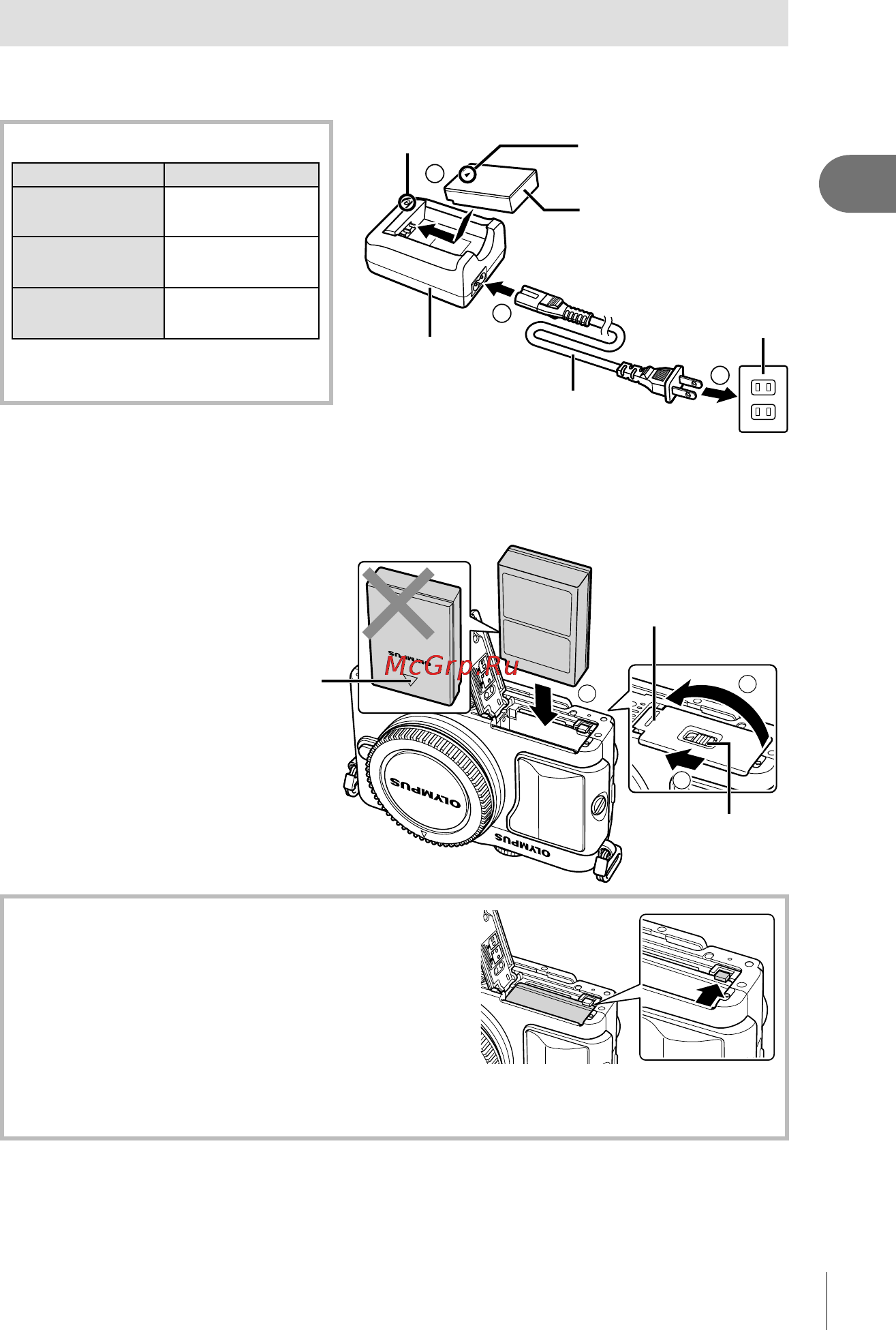 Olympus Pen E-PL6 14-42+40-150 Kit Silver [11/134] Перед открытием или закрытием крышки аккумуляторного отсека отсека для карты отключите фотоаппарат чтобы извлечь аккумулятор сначала нажмите на кнопку защелки аккумулятора в направлении стрелки потом извлеките аккумулятор